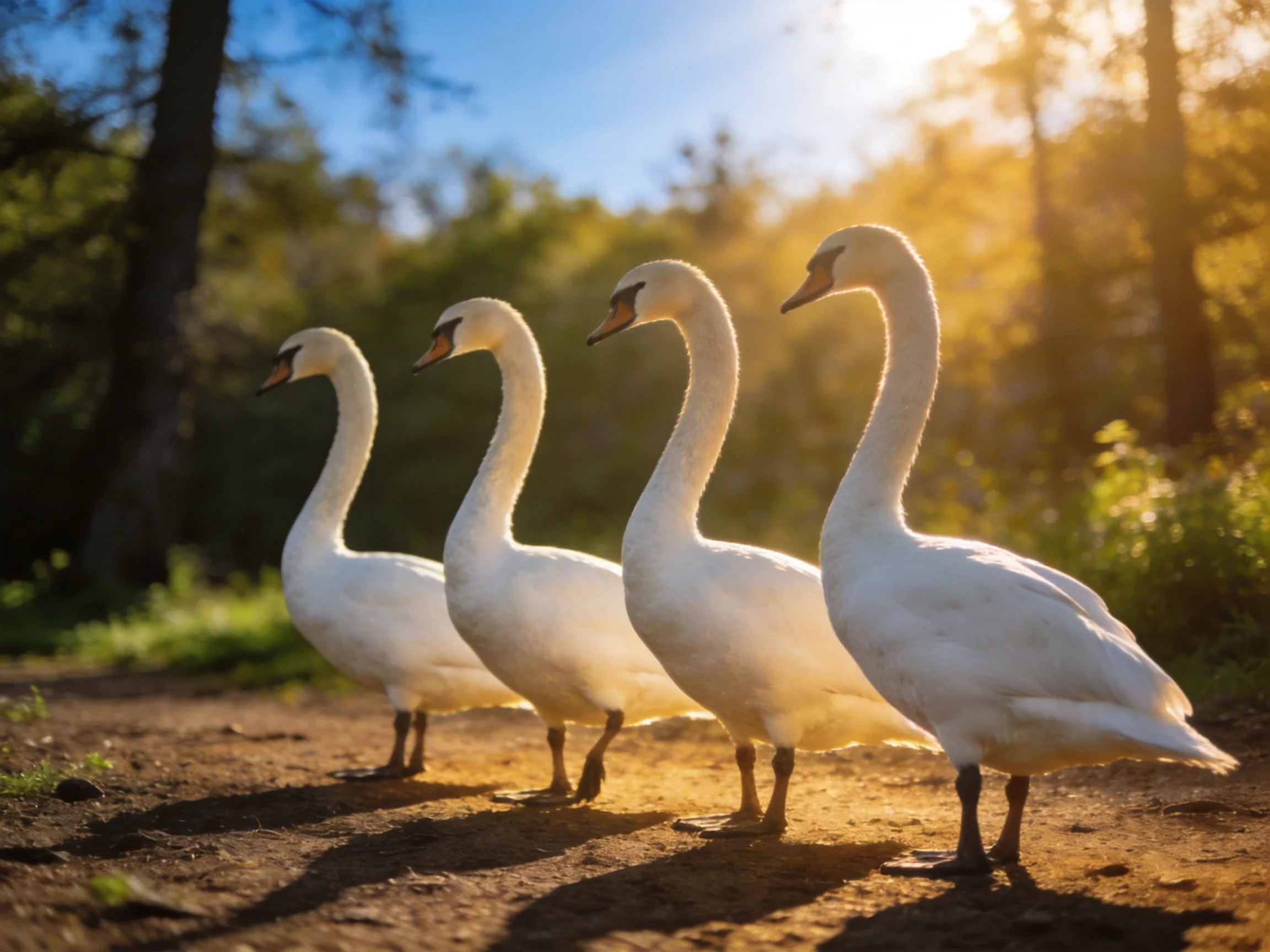 Four white swans walking along a sunlit path