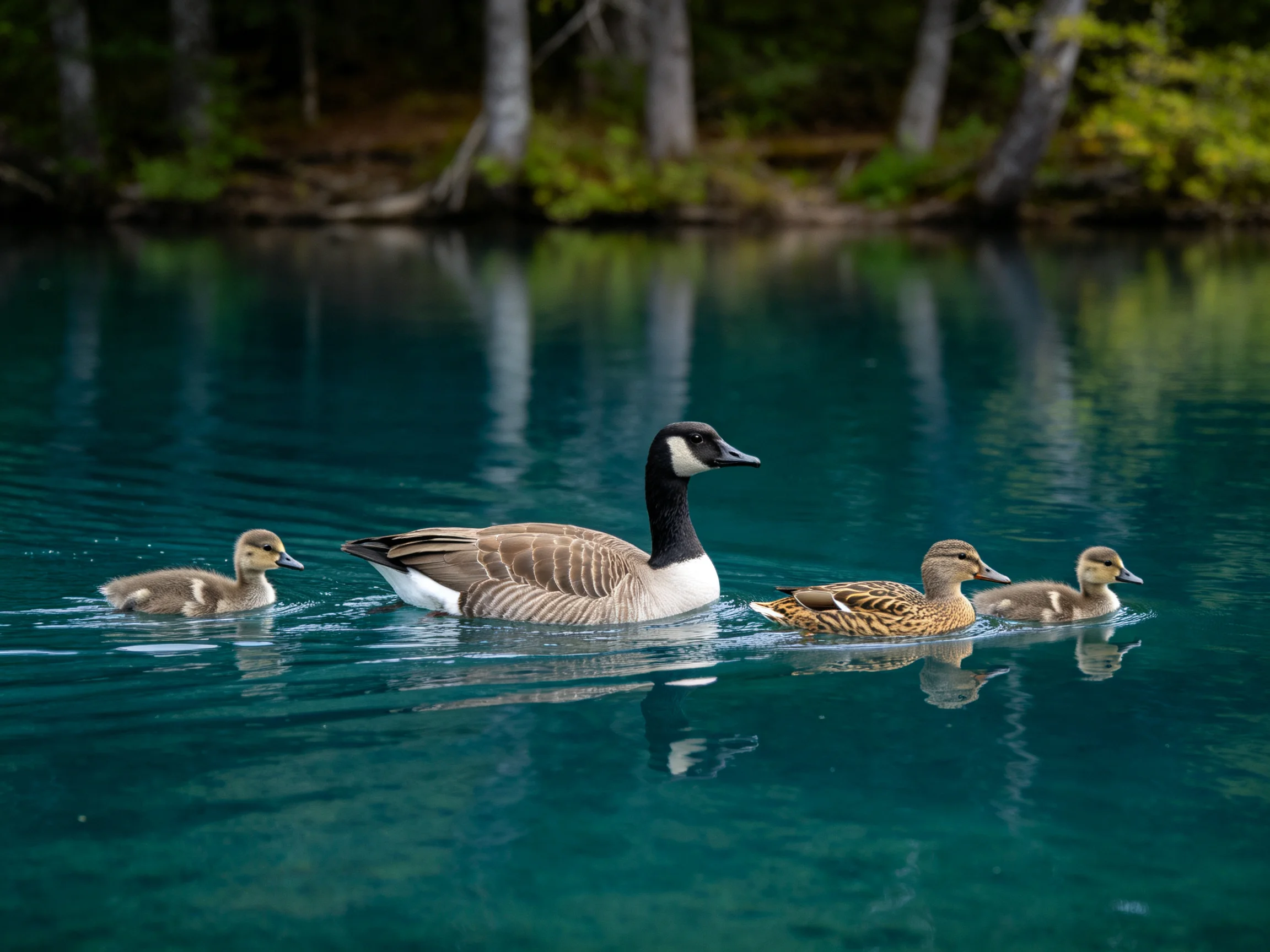 Geese and ducklings swim in tranquil turquoise water