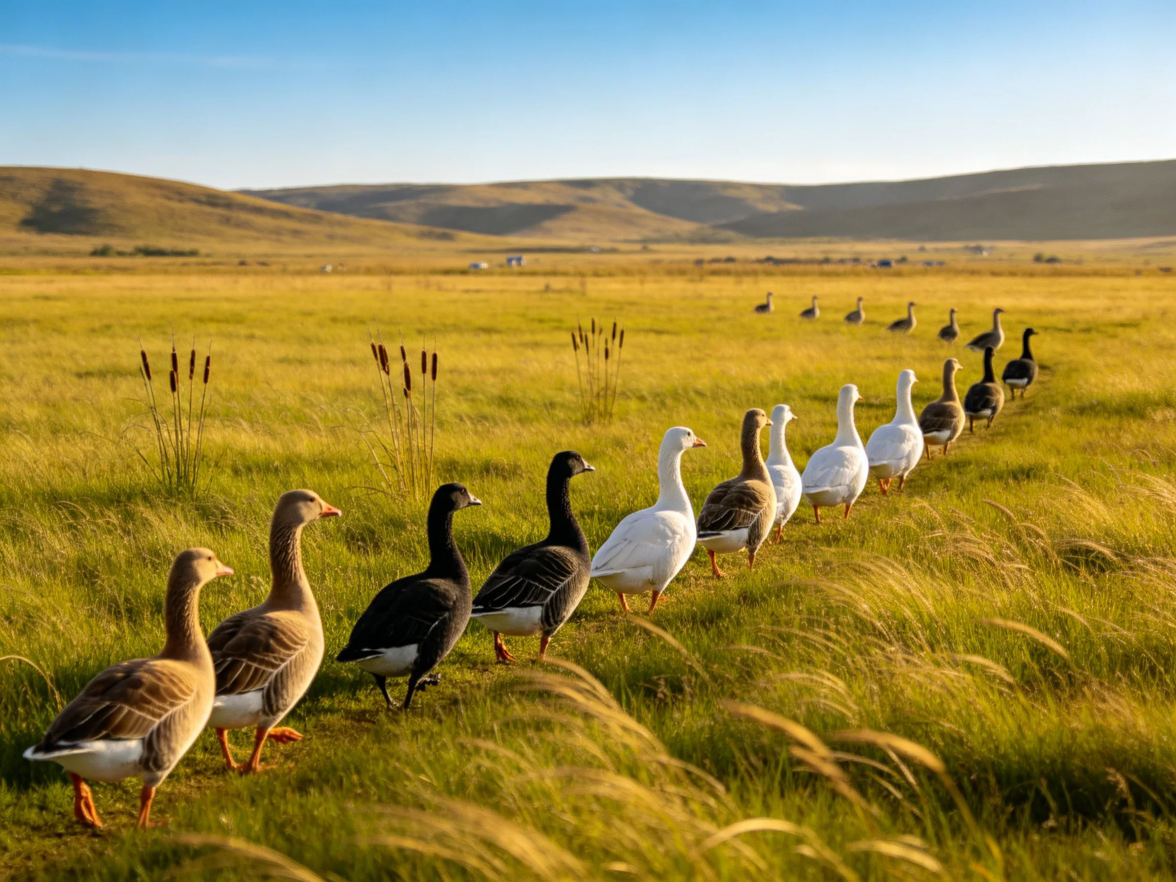 Geese in varied hues march through golden grasslands
