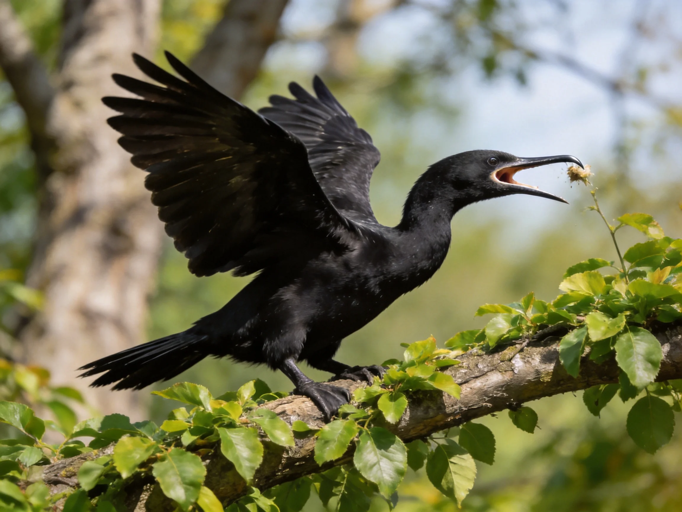 Glossy black bird feeding on leafy branch with outstretched wings