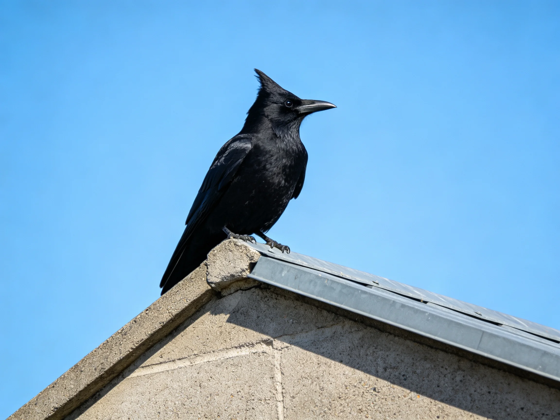 Glossy black bird perched on stone-roofed structure under clear blue sky