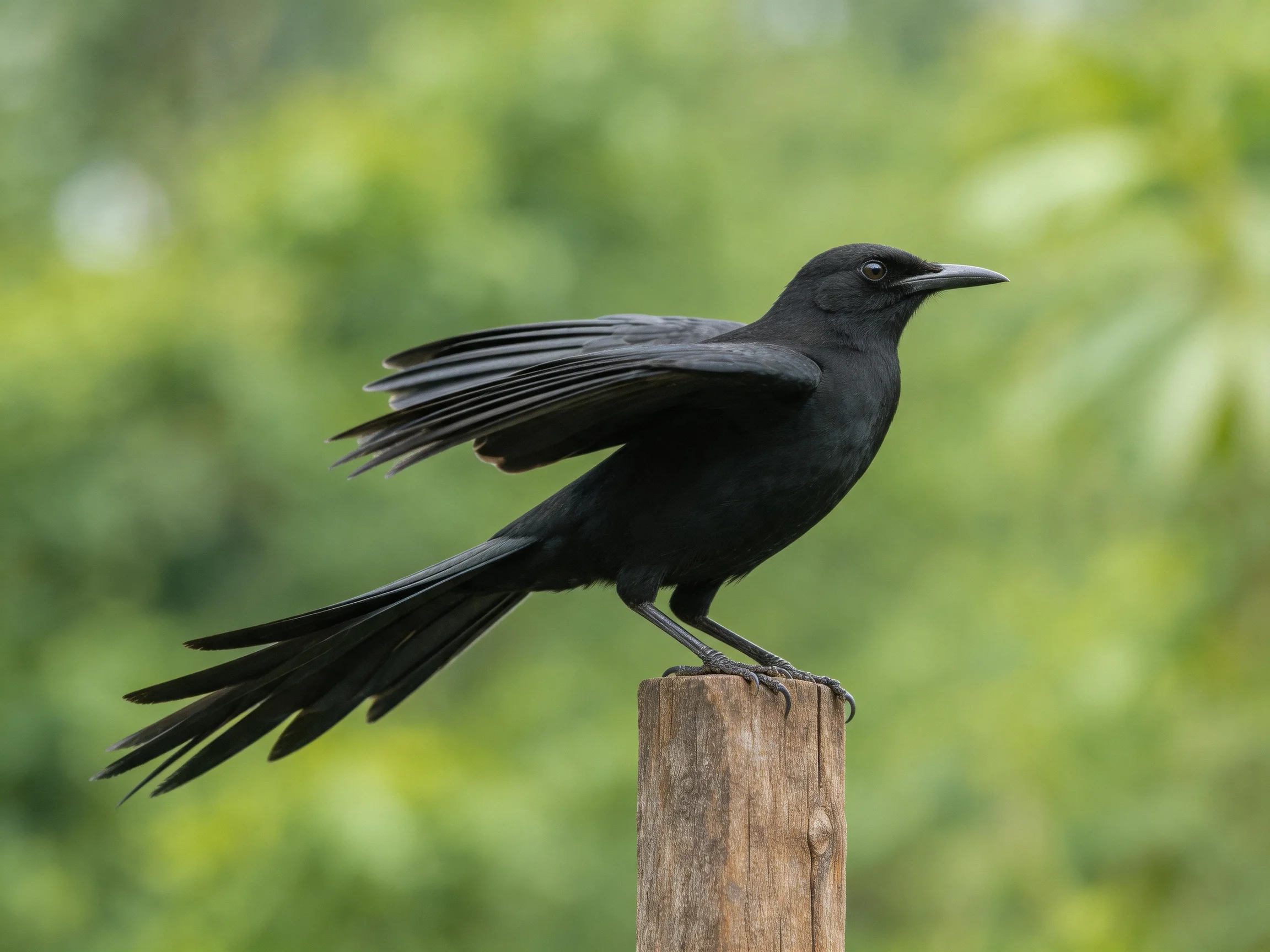 Glossy black bird perched on weathered wooden post with extended wing