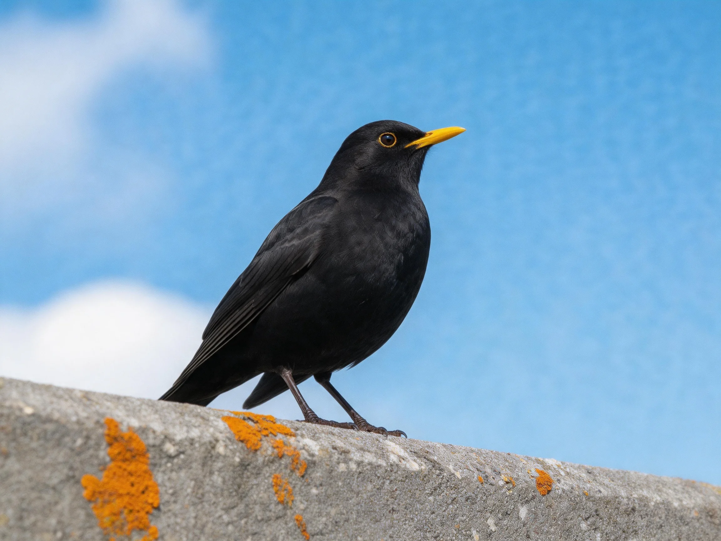 Glossy black bird with yellow beak on lichen-speckled concrete under blue sky