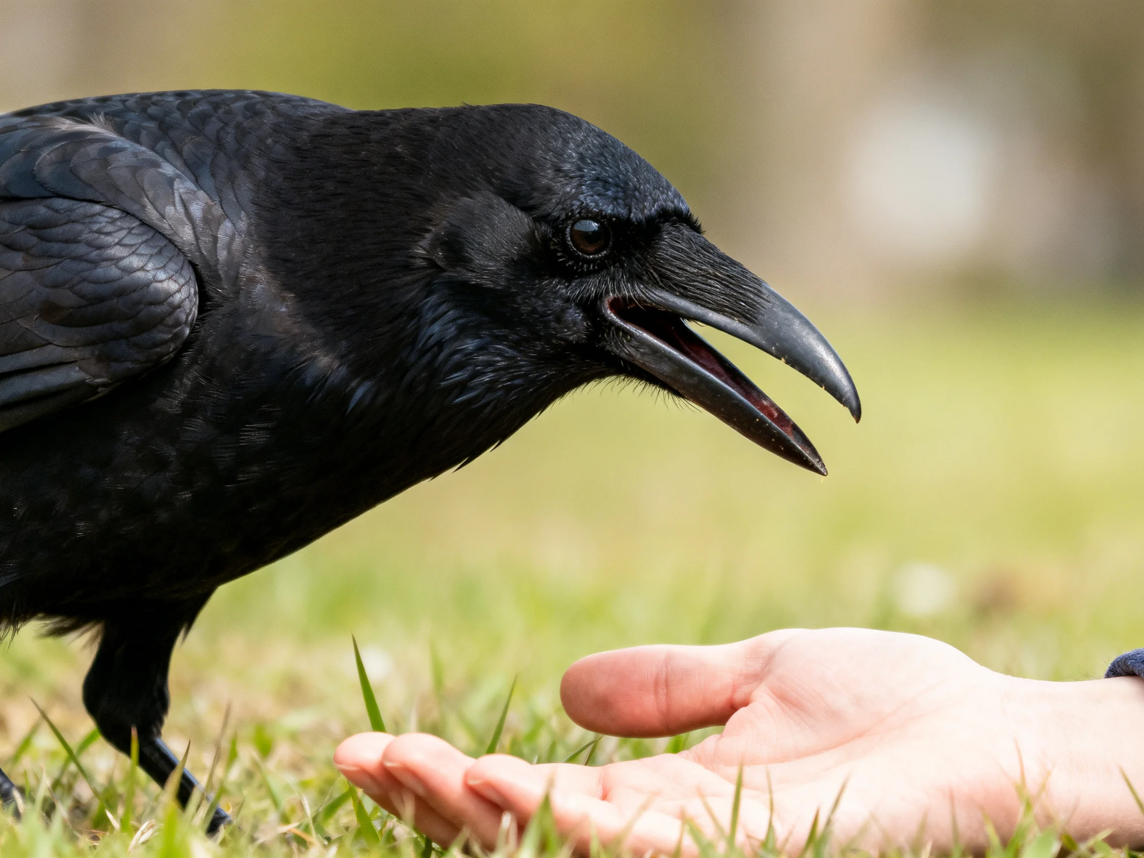 Glossy black raven approaching outstretched hand on grass
