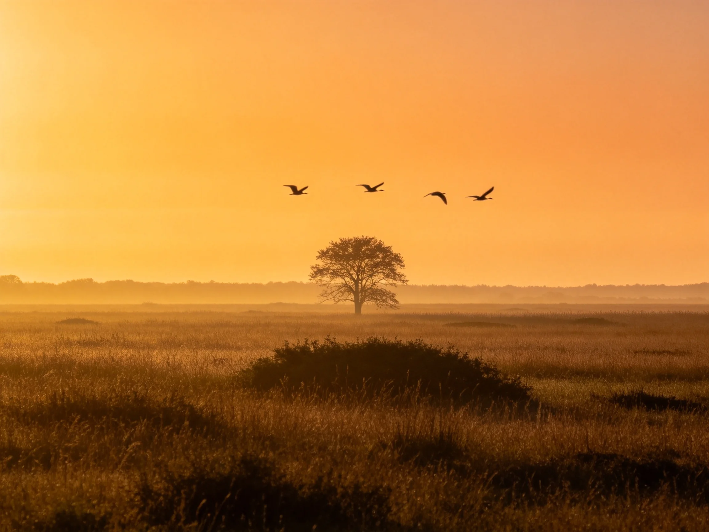 Golden Sunset Landscape with Lone Tree and Four Flying Birds