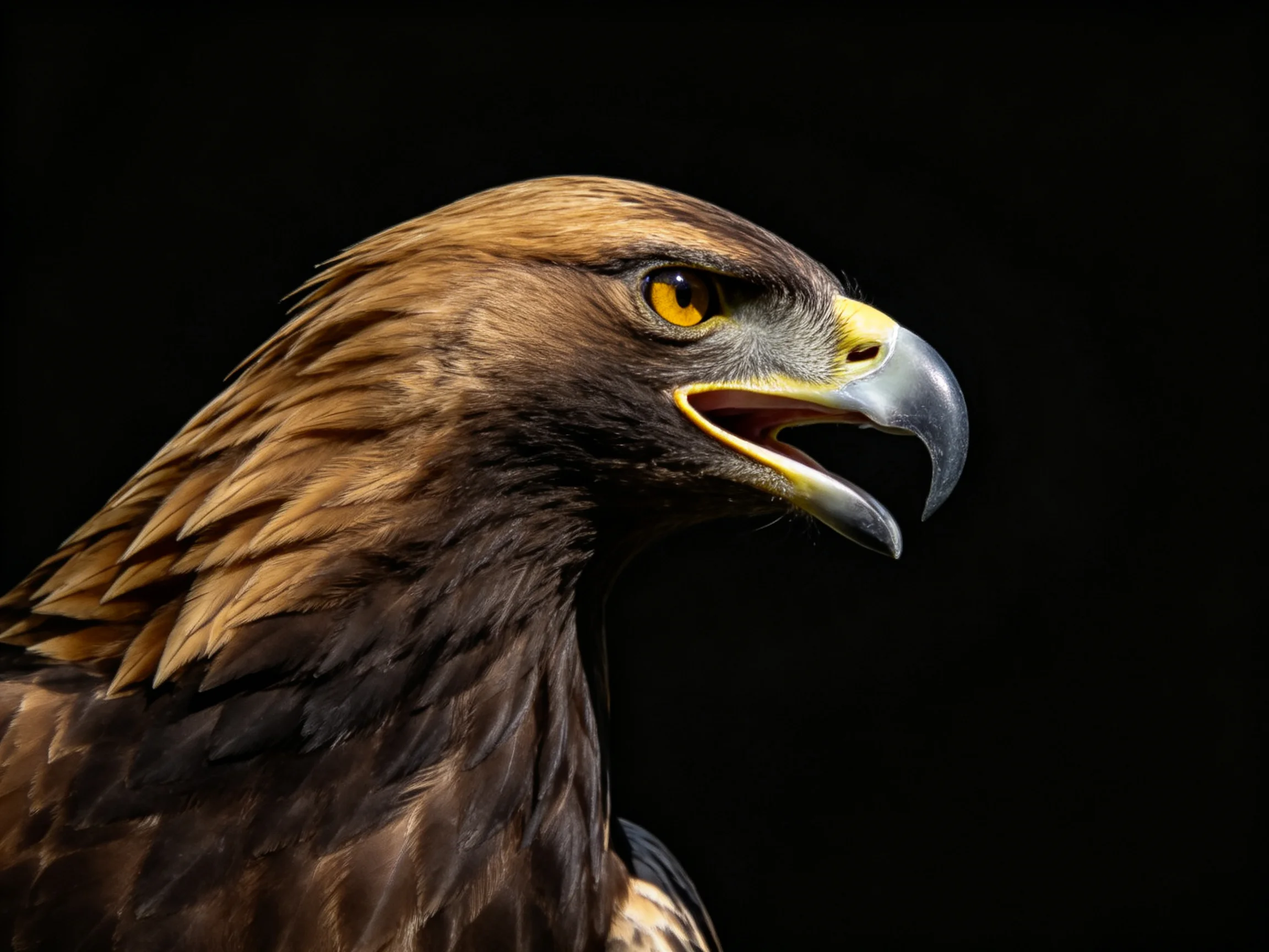 Golden - brown eagle with sharp hooked beak and intense gaze