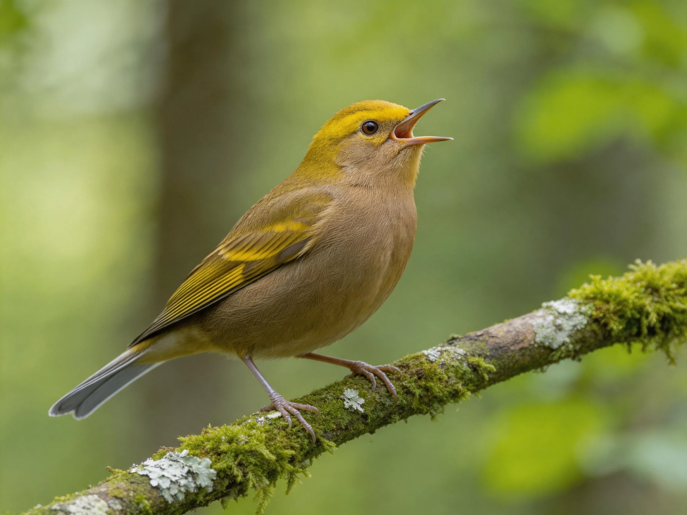 Golden-crowned bird sings on mossy branch
