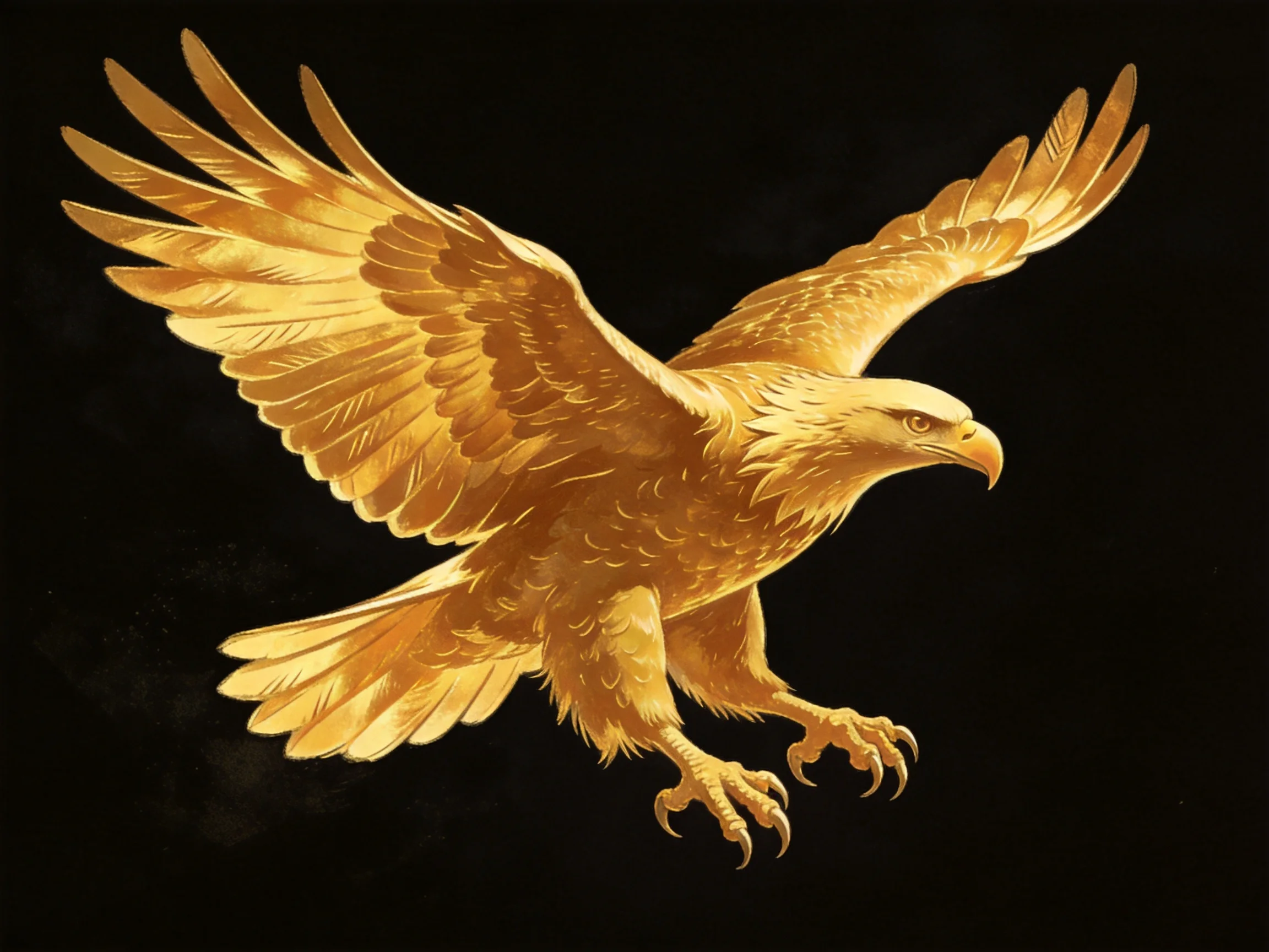 Golden eagle soaring with outstretched wings on black background