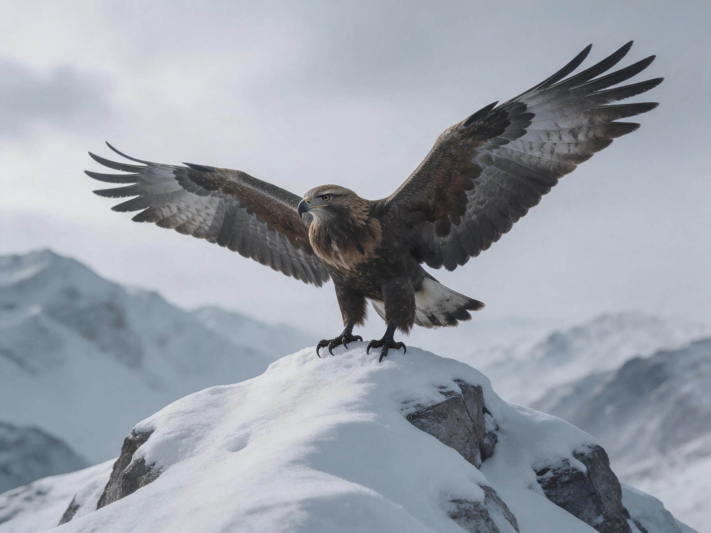 Golden eagle spreading wings atop a snow - covered mountain peak