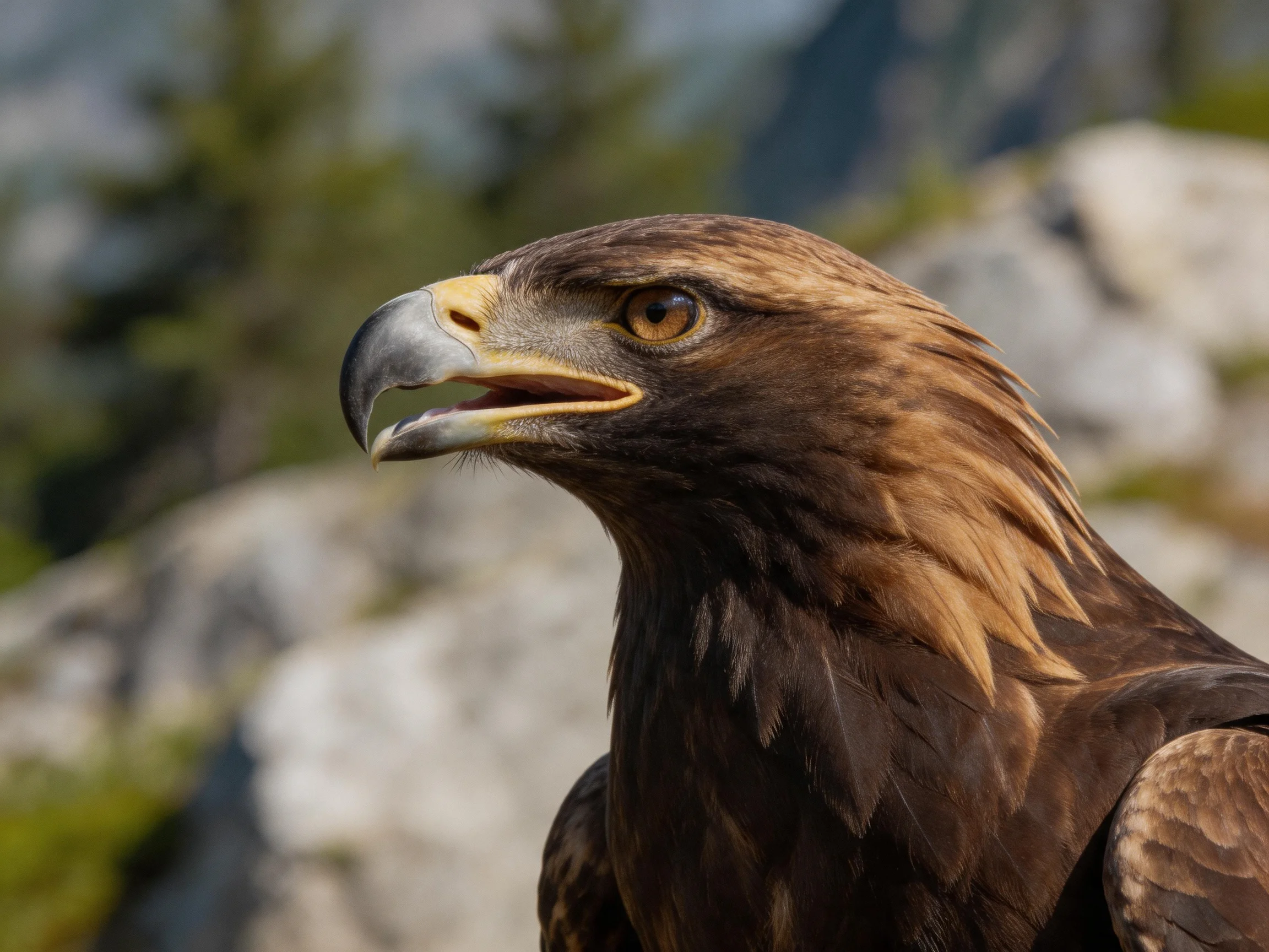 Golden eagle with brown plumage near rocky landscape