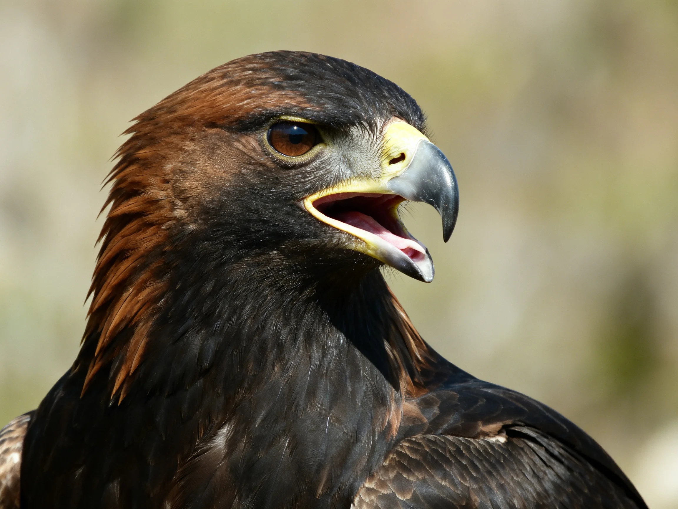 A golden eagle displays its dark brown and black feathers while opening its beak.