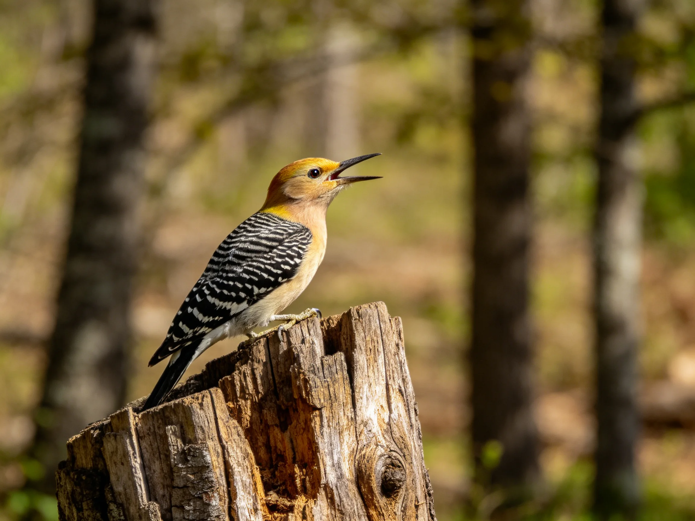 Golden-headed Woodpecker perches on weathered tree stump in forest