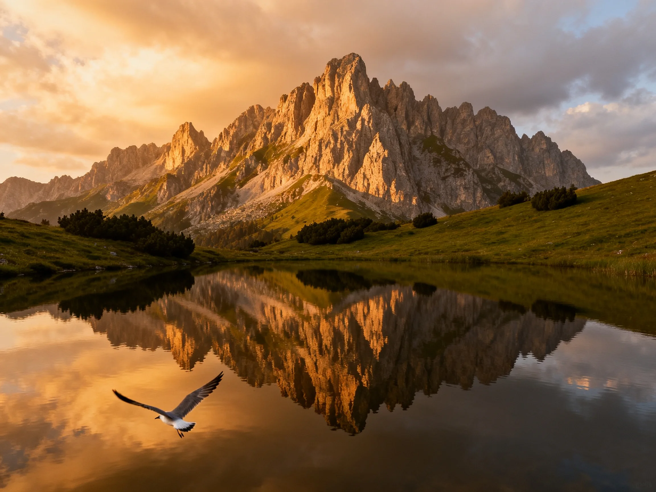 Golden-hued mountains reflected in calm lake with flying bird