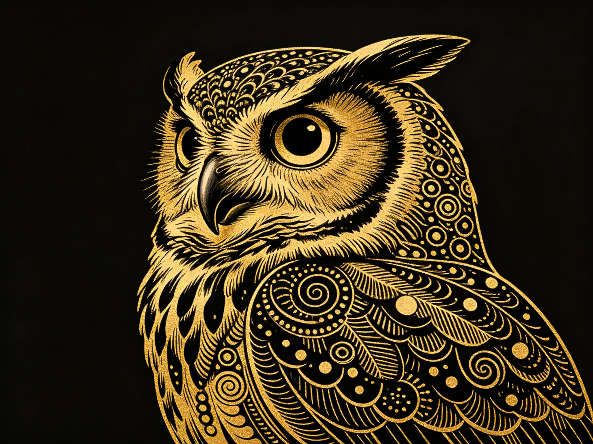 Golden owl illustration with intricate patterned feathers and bold black background