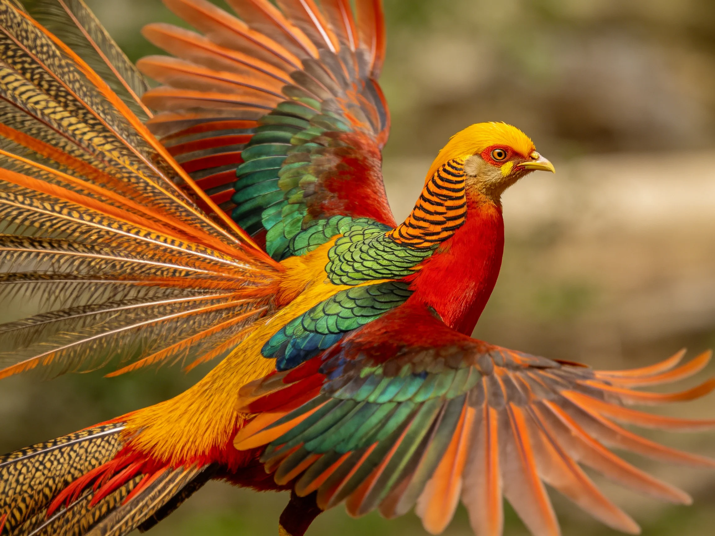 Golden pheasant displays vibrant multicolor plumage in flight