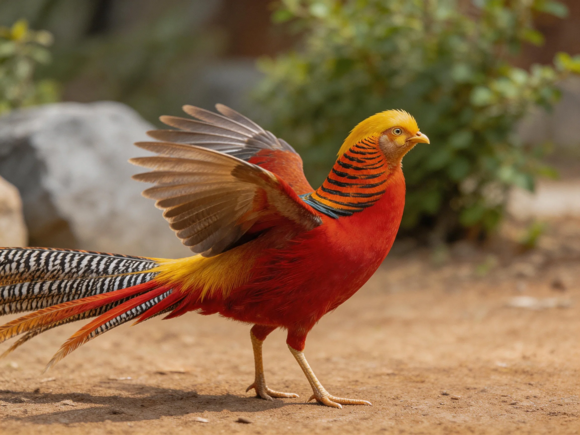 Golden pheasant spreads wings, showcasing red and yellow plumage