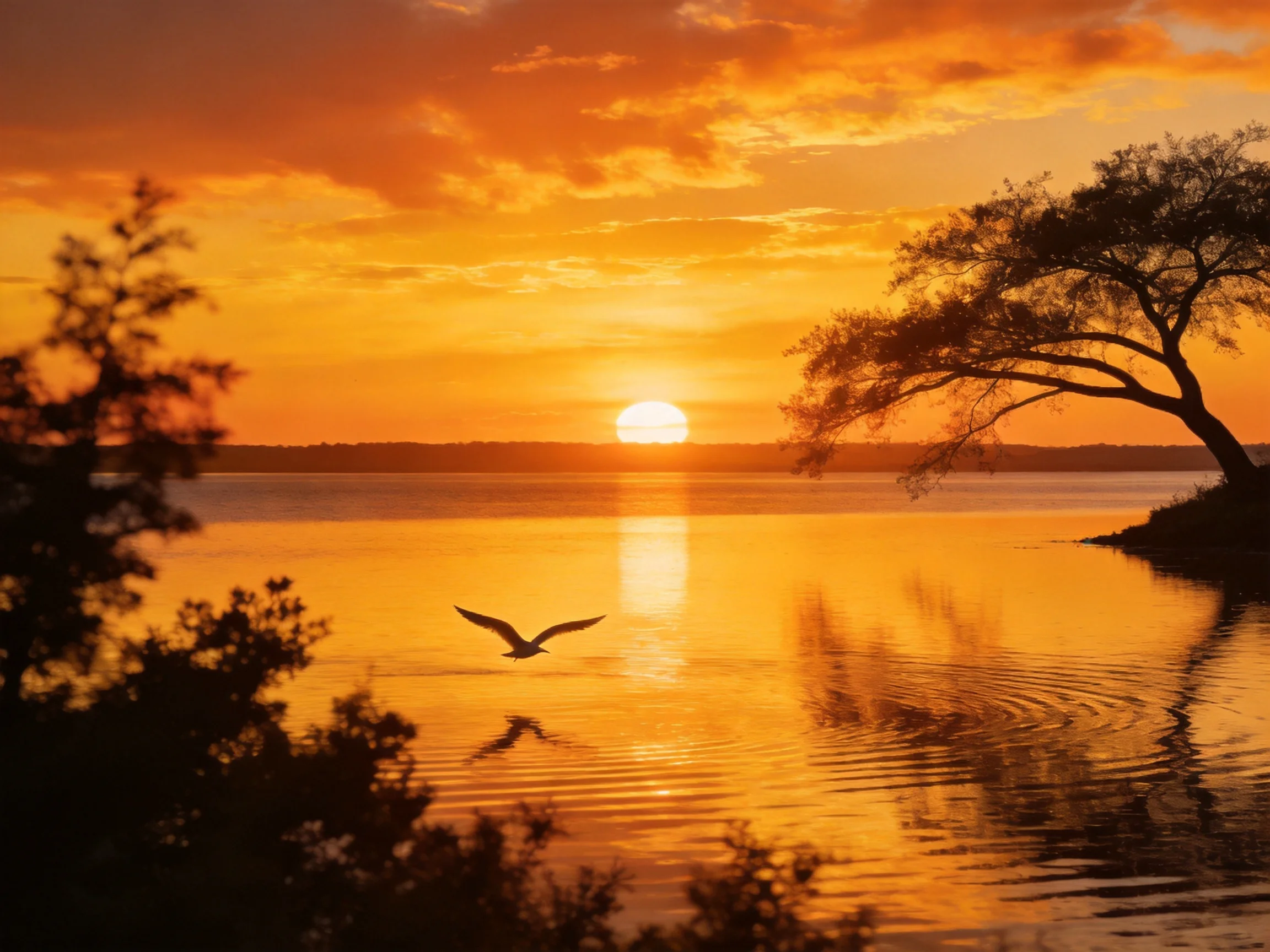 Golden sunset reflects on calm water with bird and tree silhouettes.