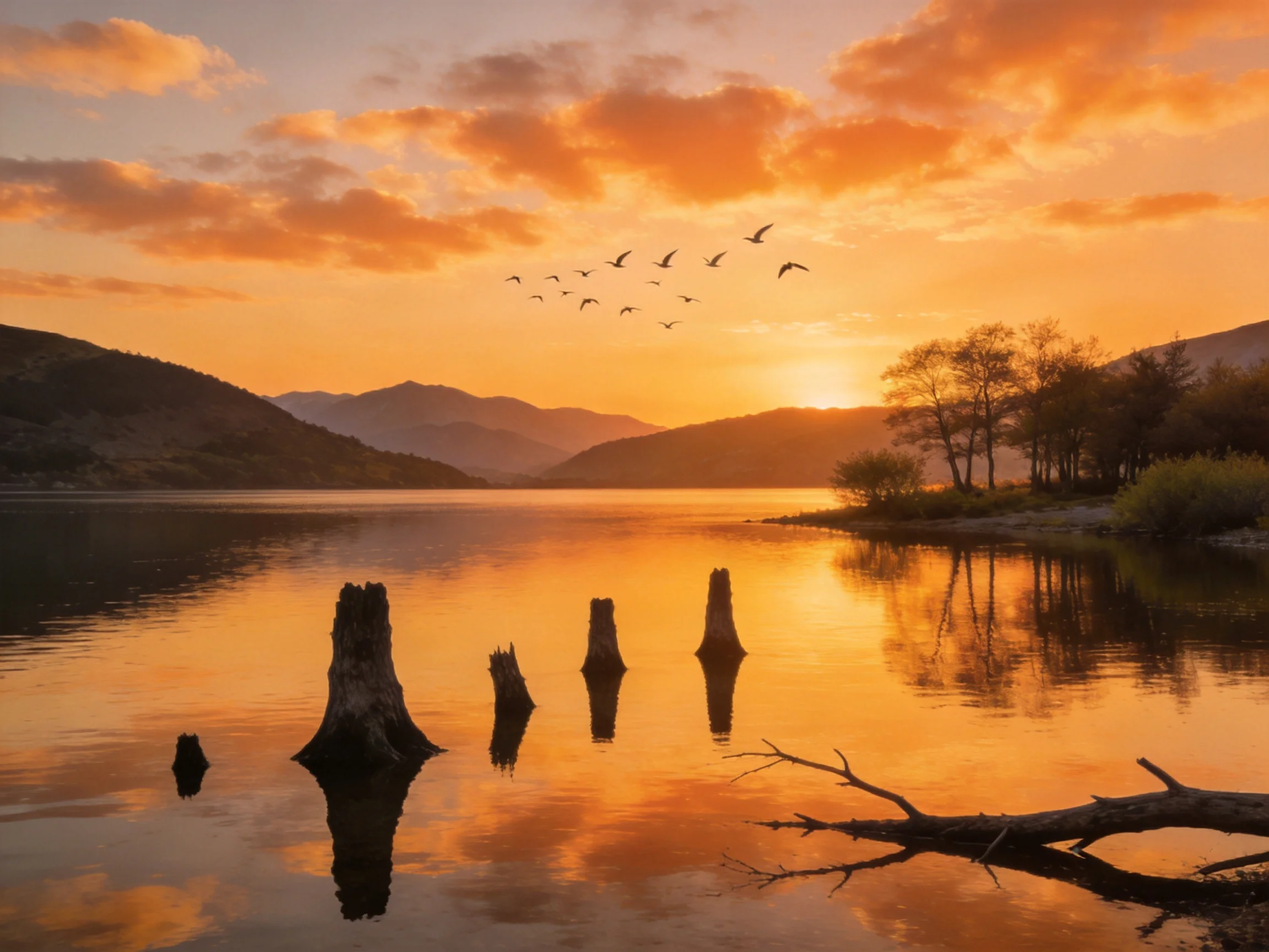 Golden sunset over tranquil lake with mountain backdrop and bird silhouettes
