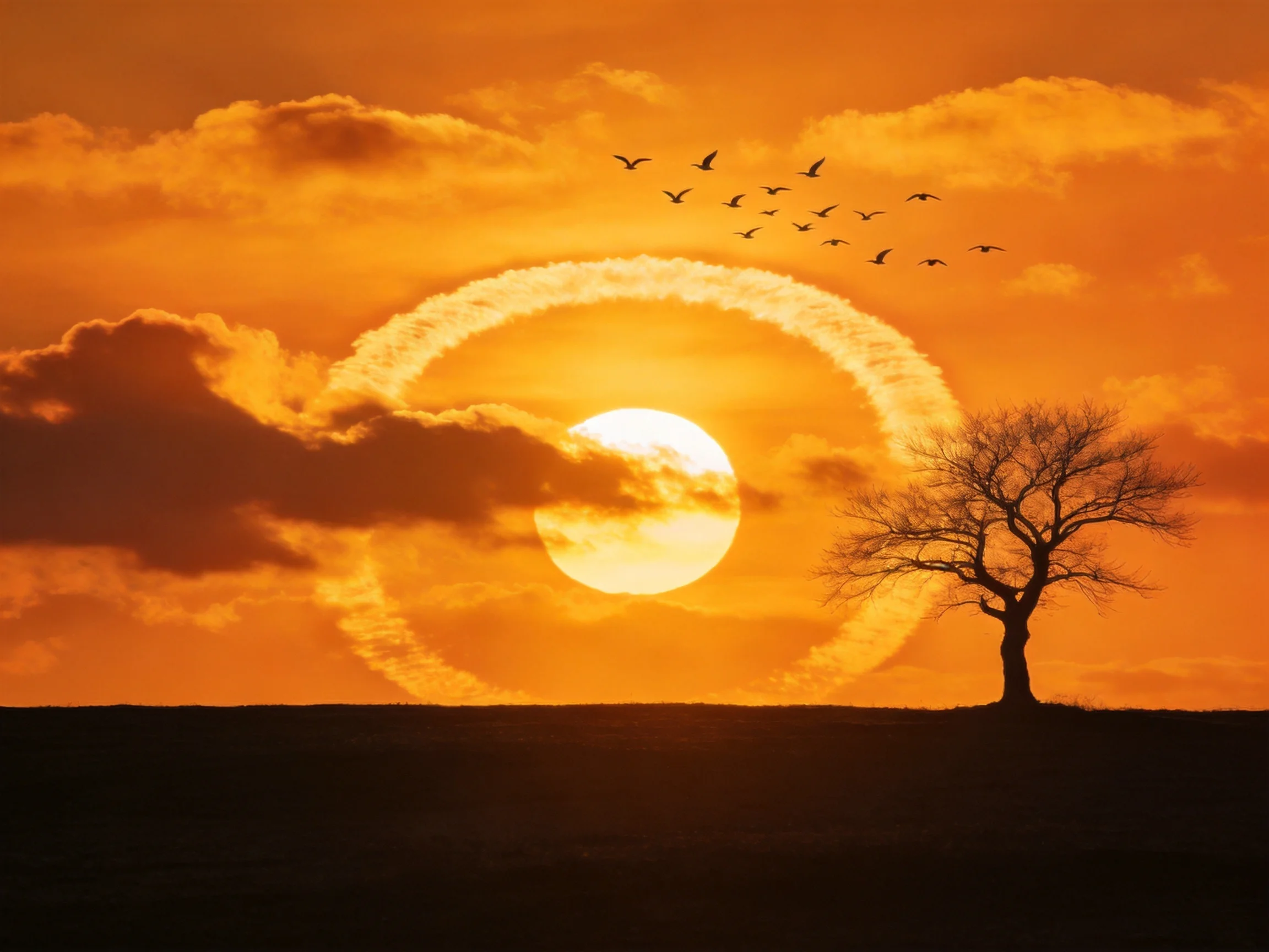 Golden sunset with circular cloud halo, bare tree, and bird flock