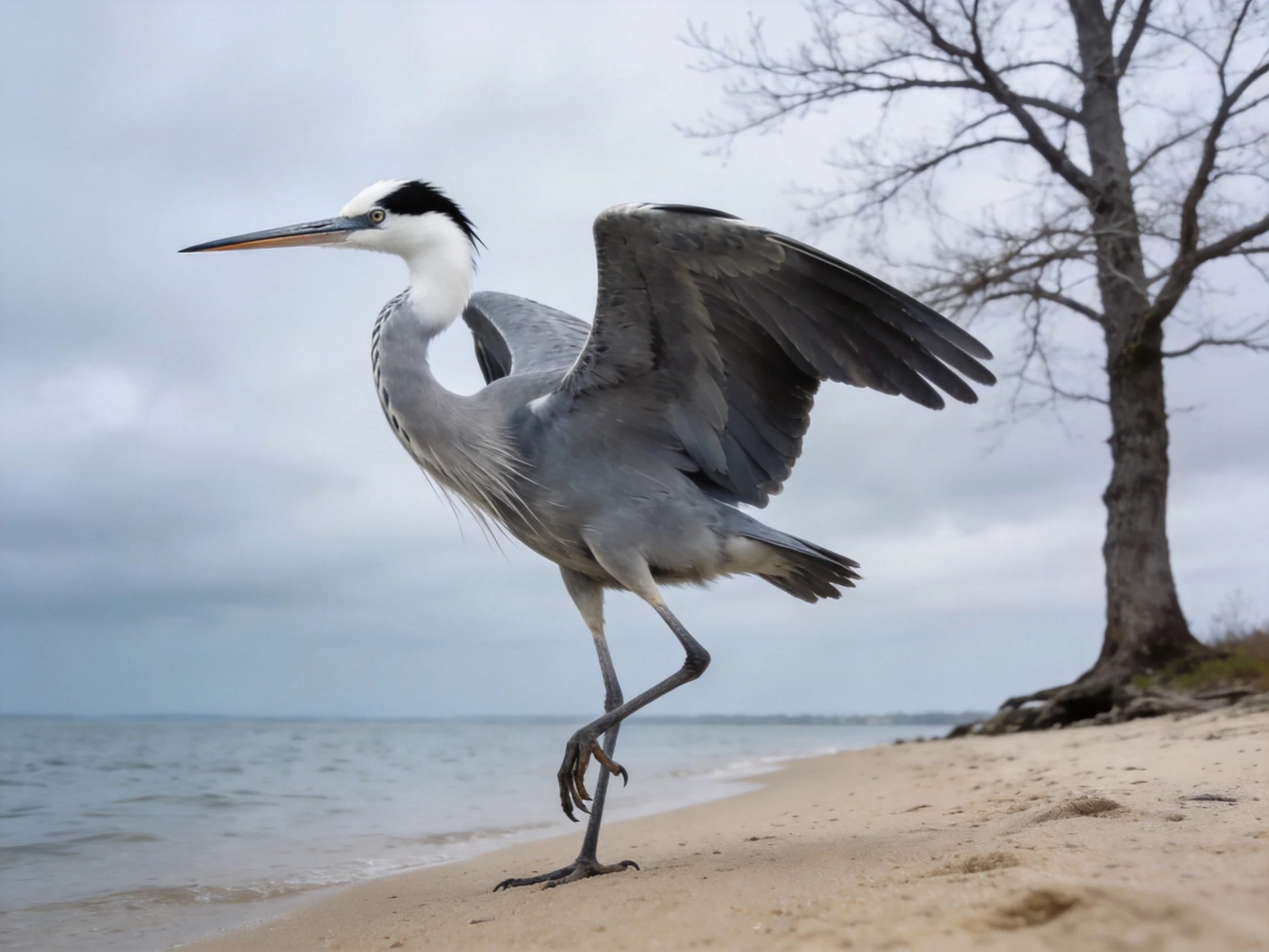 Gray Heron Spreading Wings on Sandy Shore by Calm Water