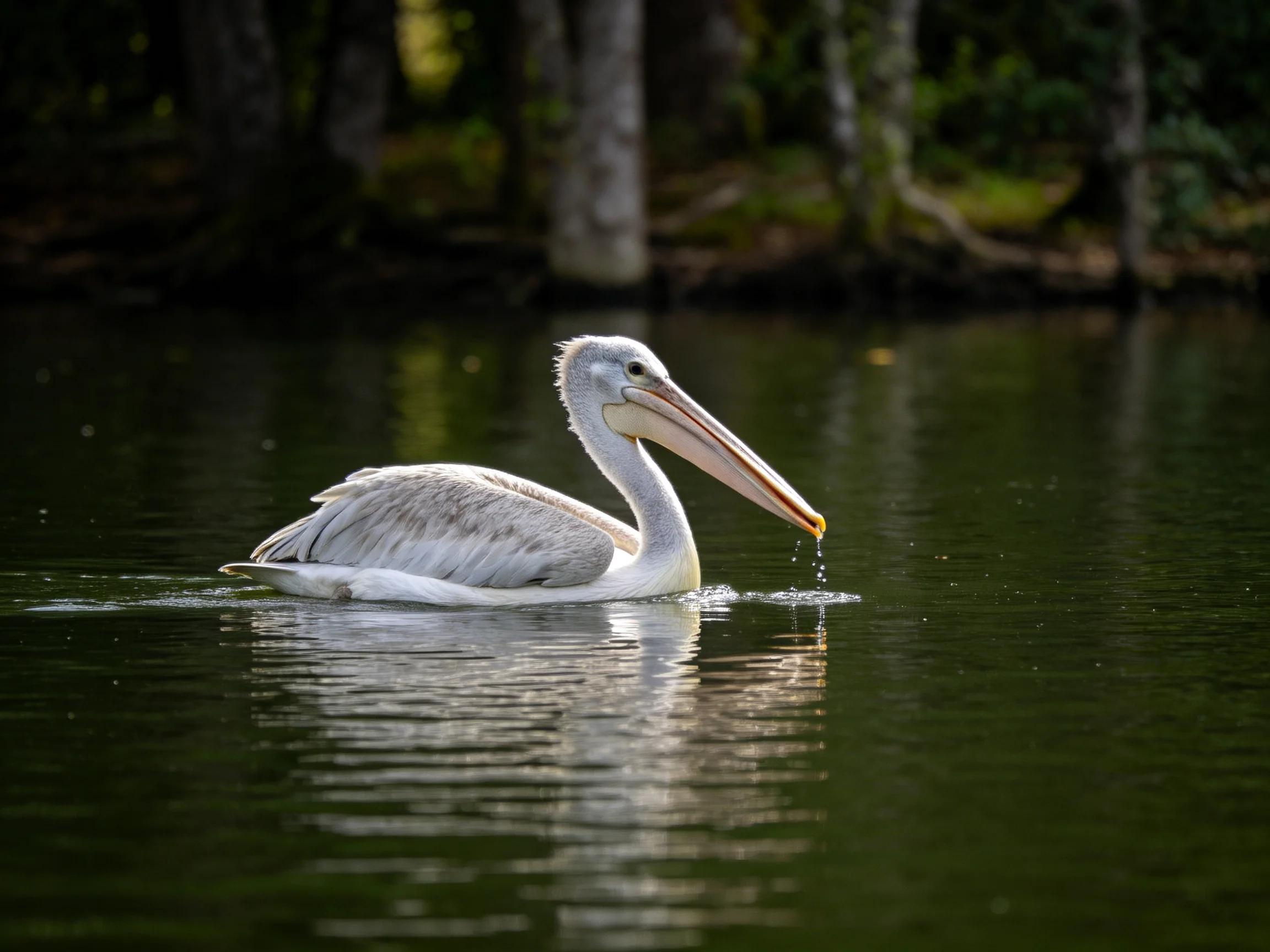 A gray pelican floats on calm water beside dark trees trees.