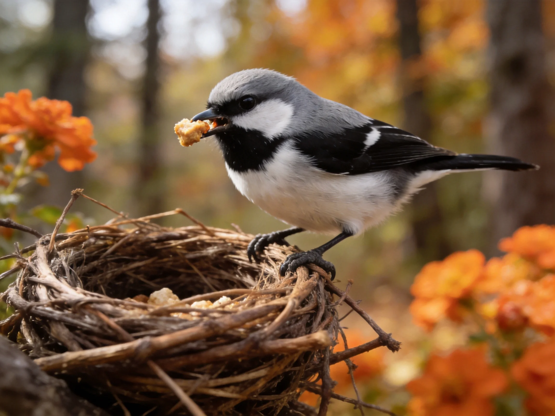 Gray and black bird feeds by empty nest with orange flowers