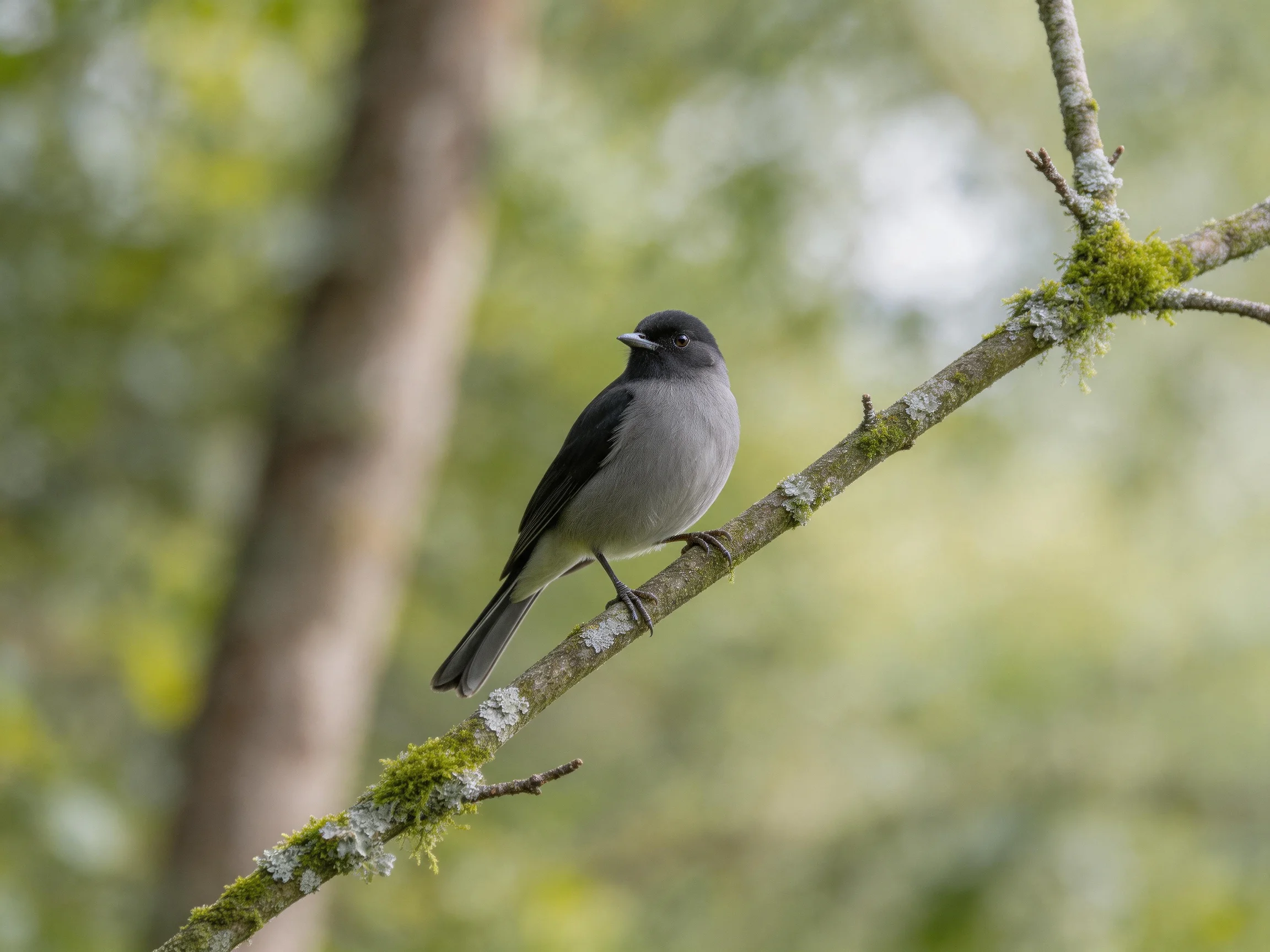 Gray and black bird perches on moss-covered tree limb