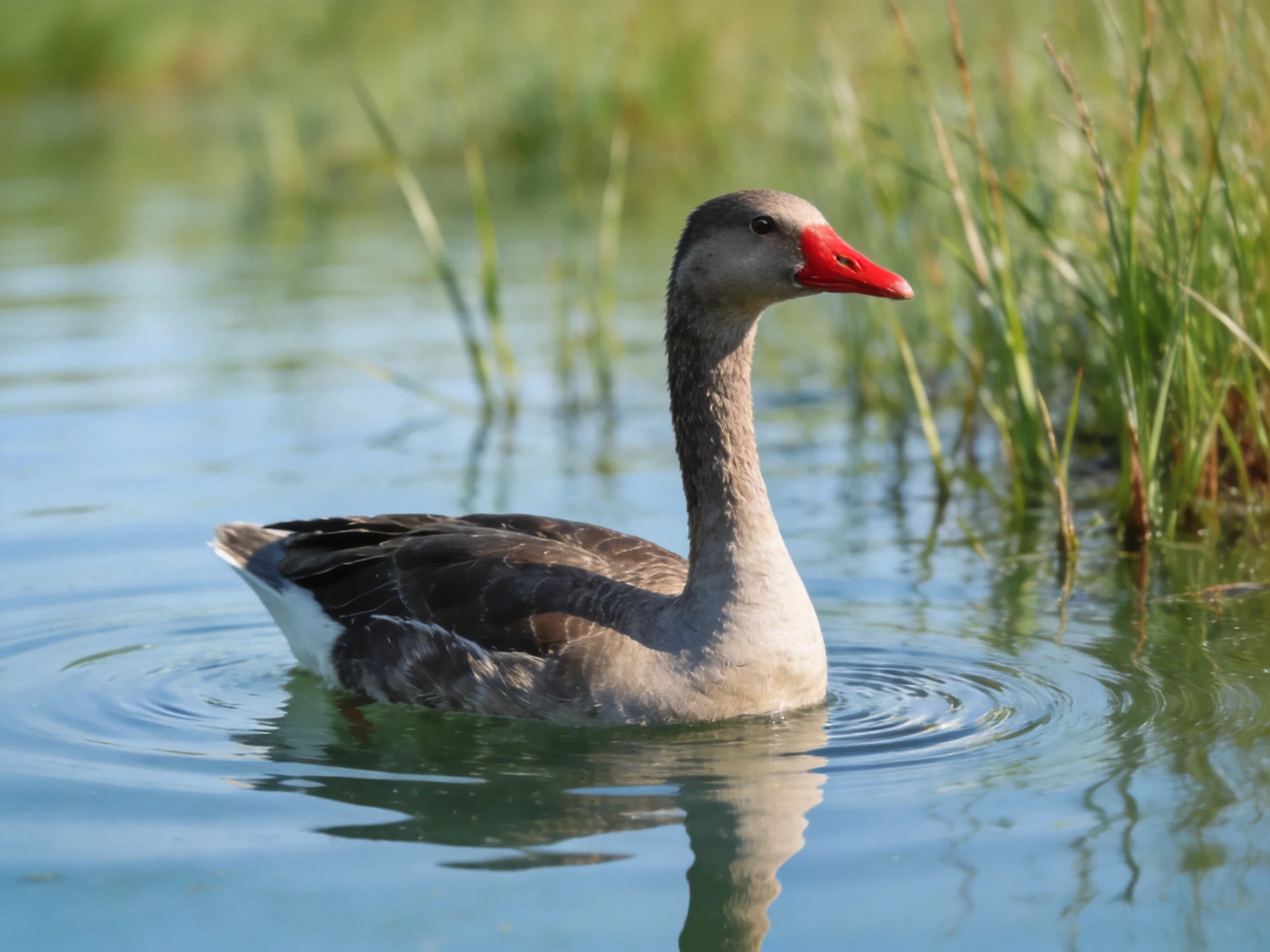 Gray and black goose swims in calm blue water near tall green reeds