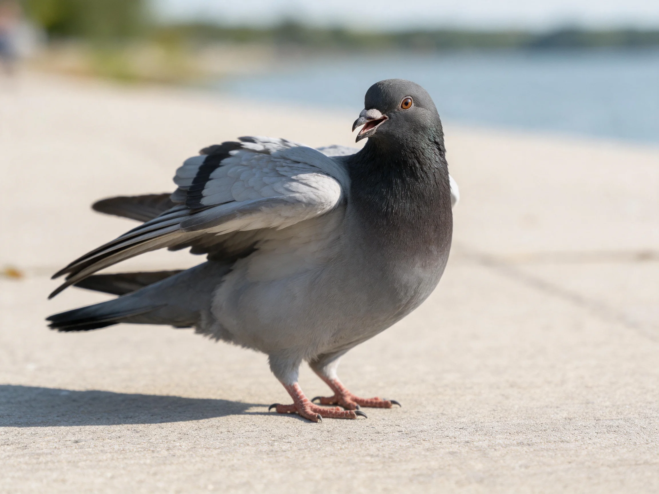 Gray and black pigeon standing on concrete near water