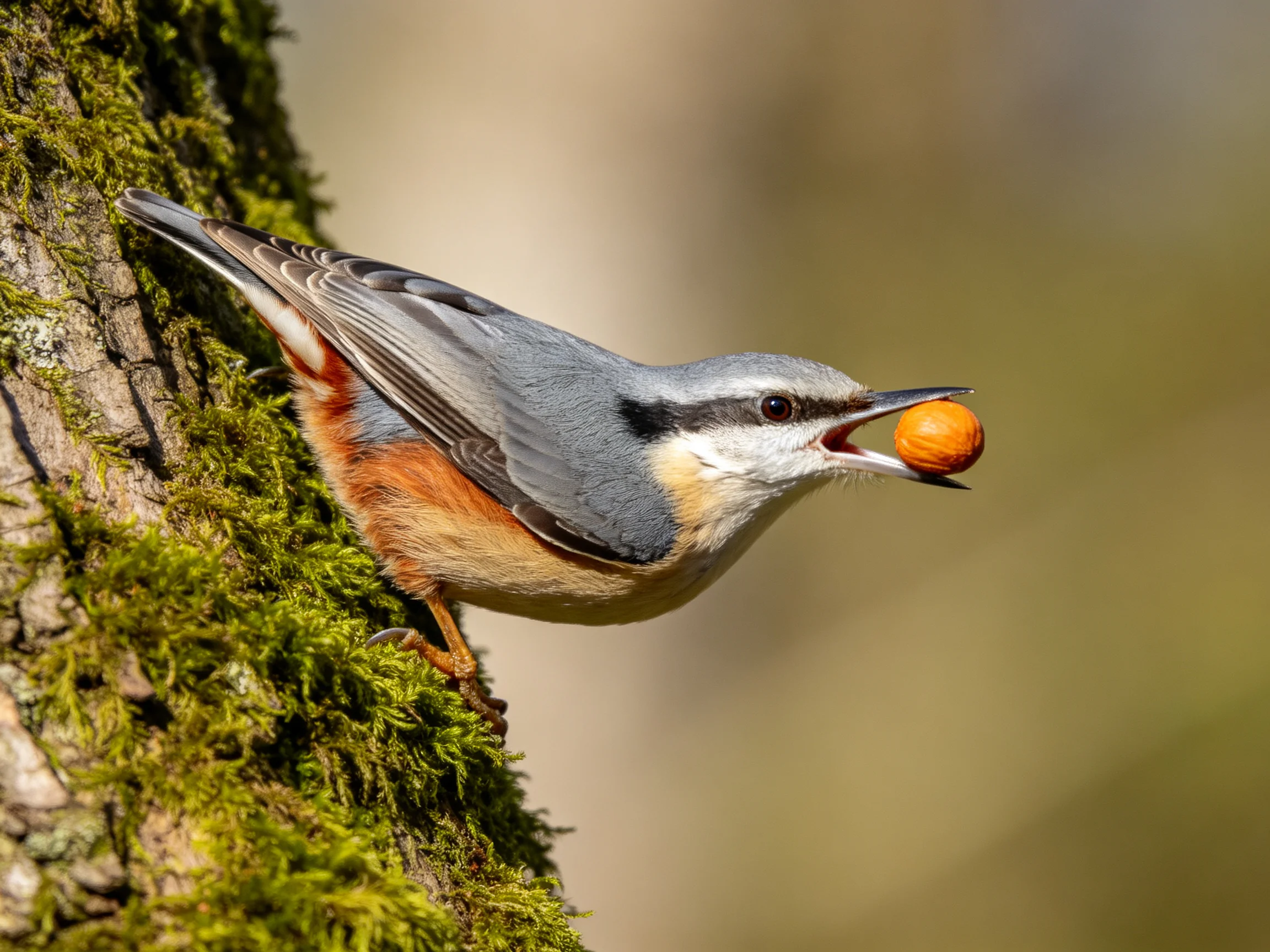 Gray-and-orange bird carrying an orange nut on a mossy tree trunk