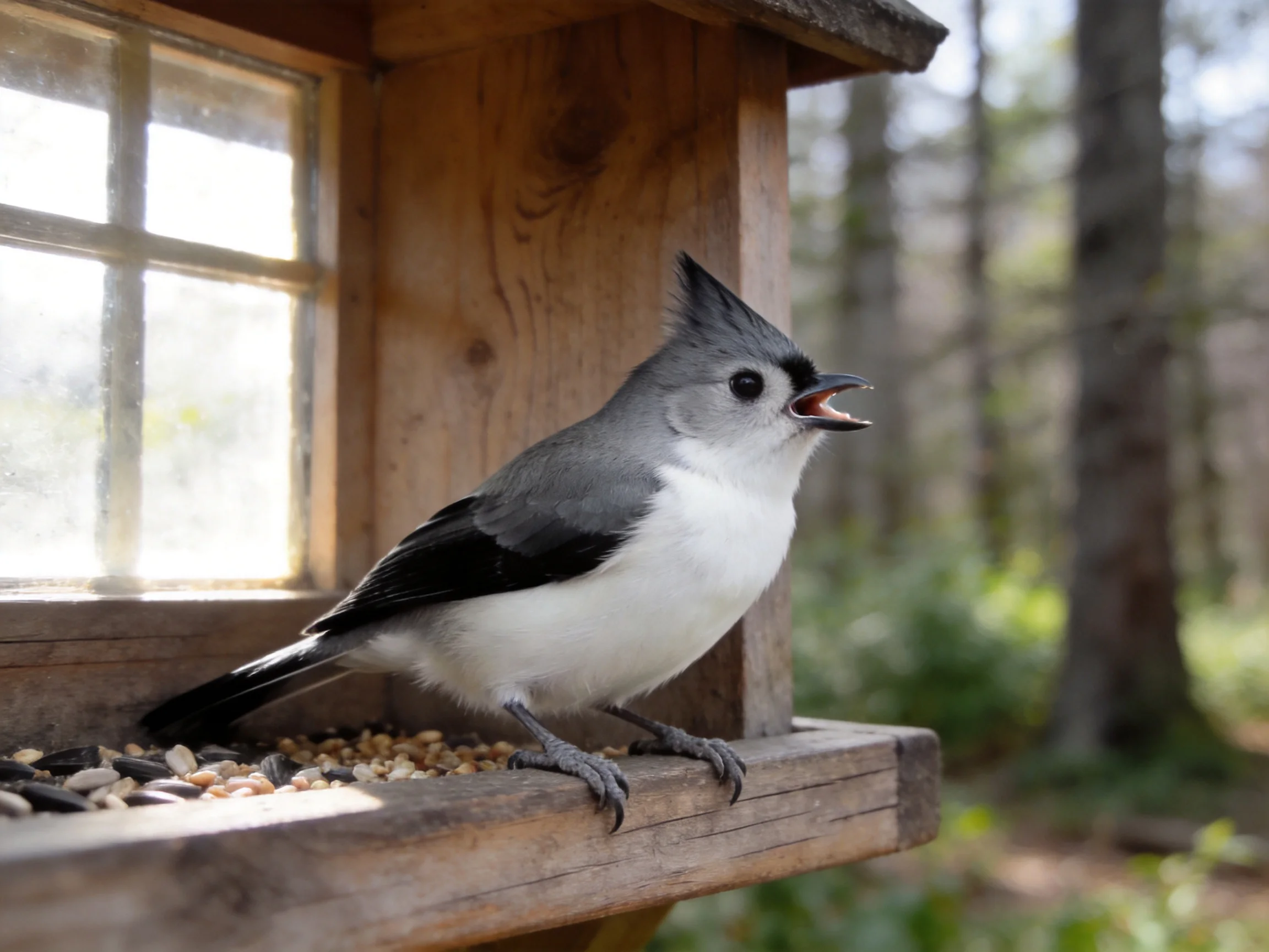 Gray and white bird feeding from a wooden feeder