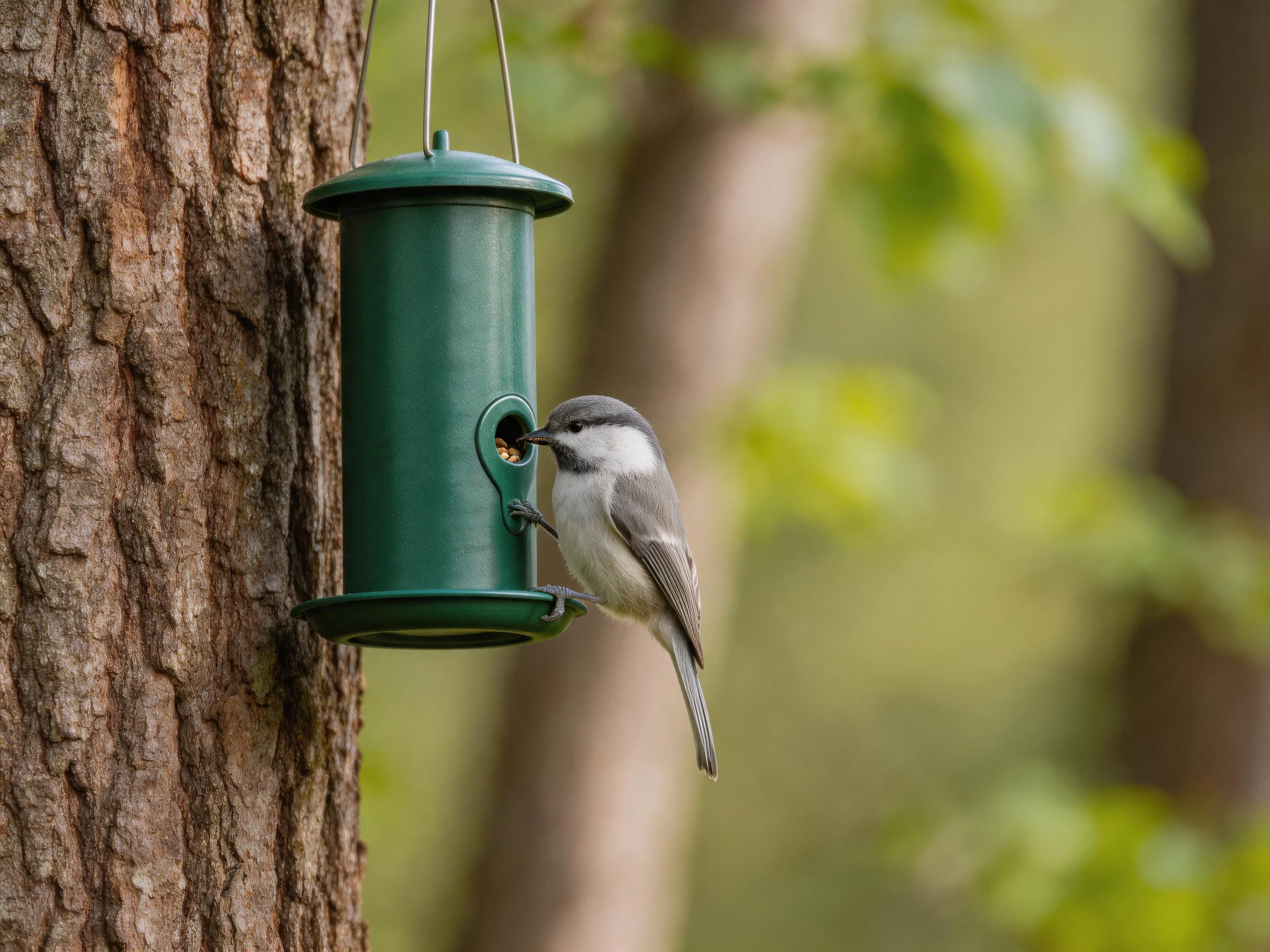 Gray and white bird feeding from green cylindrical feeder