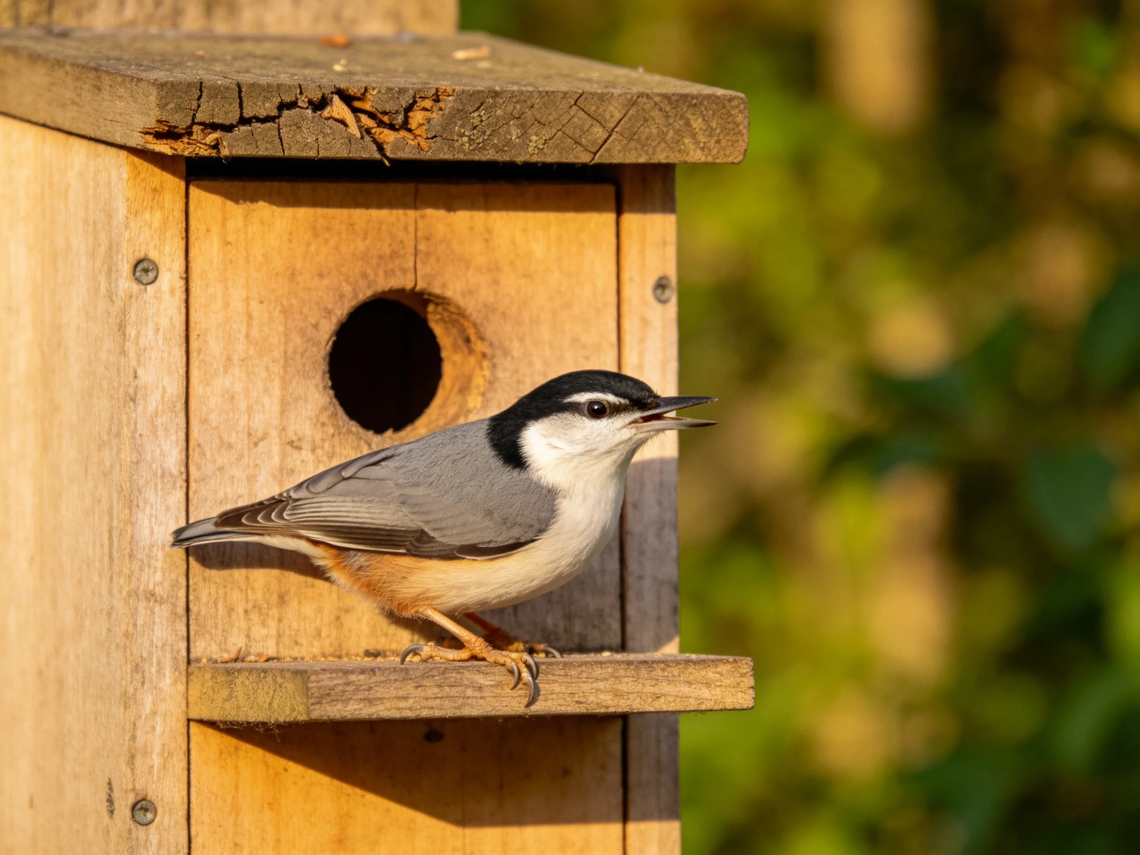 A gray and white bird rests on a wooden birdhouse in a natural setting.