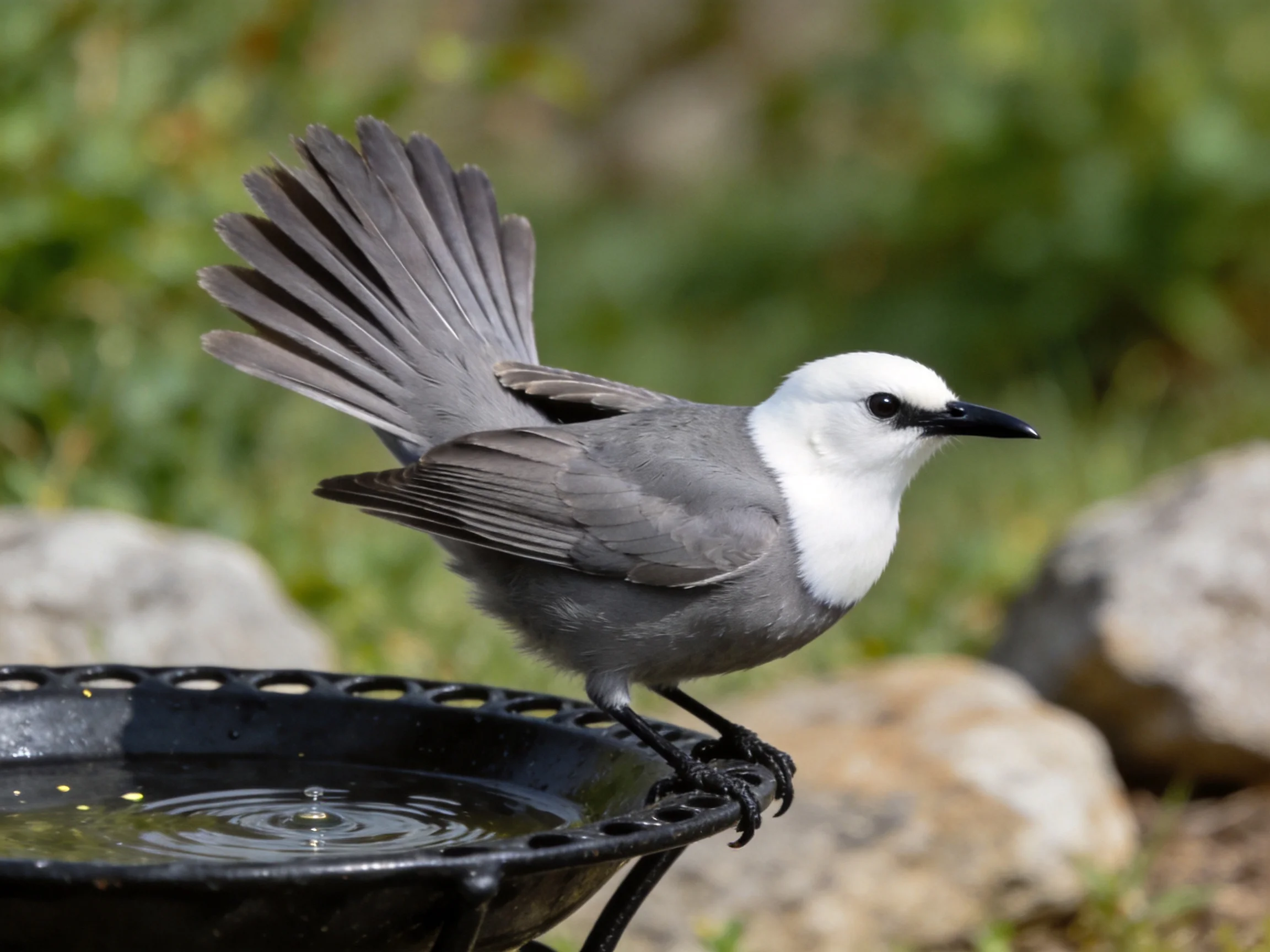 Gray and white bird perched on black birdbath near rocks