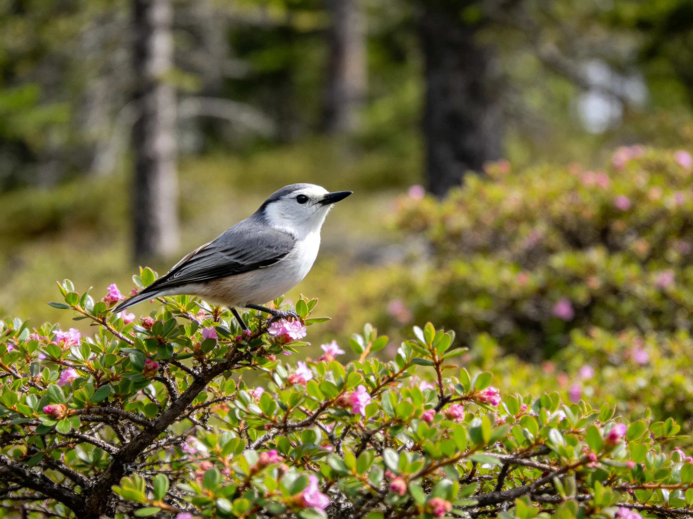 Gray and white bird perched on flowering bush in forest setting