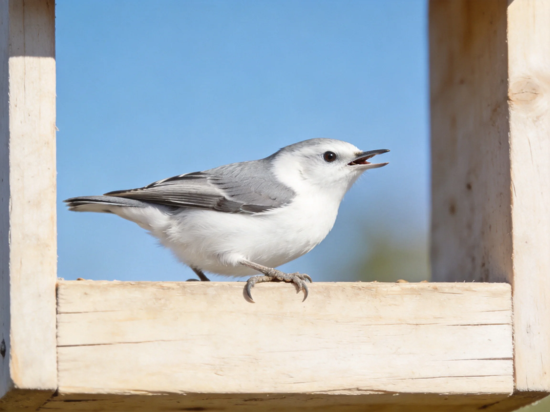Gray and white bird perched on wooden feeder structure