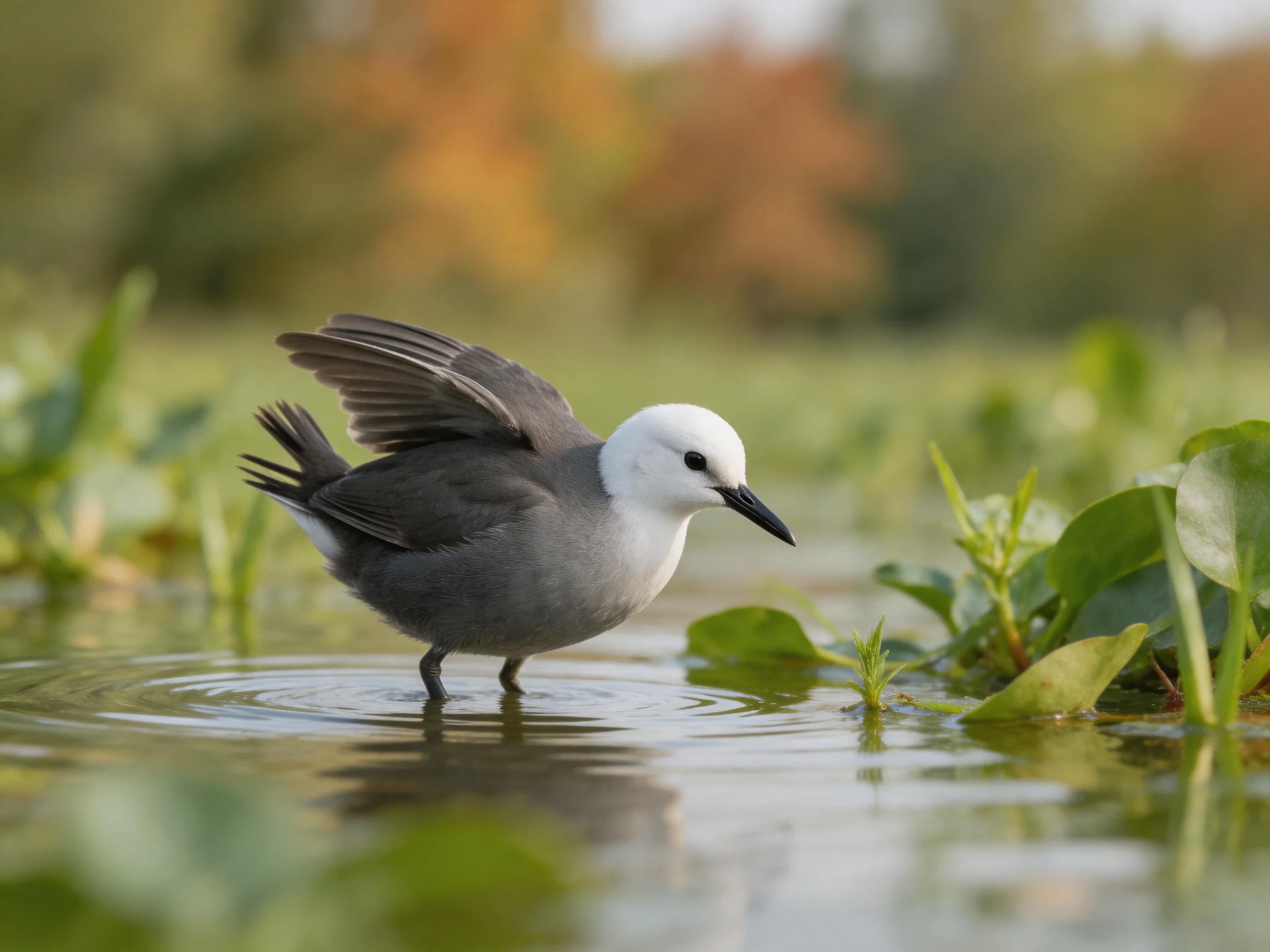 Gray and white bird wading in calm water near green foliage
