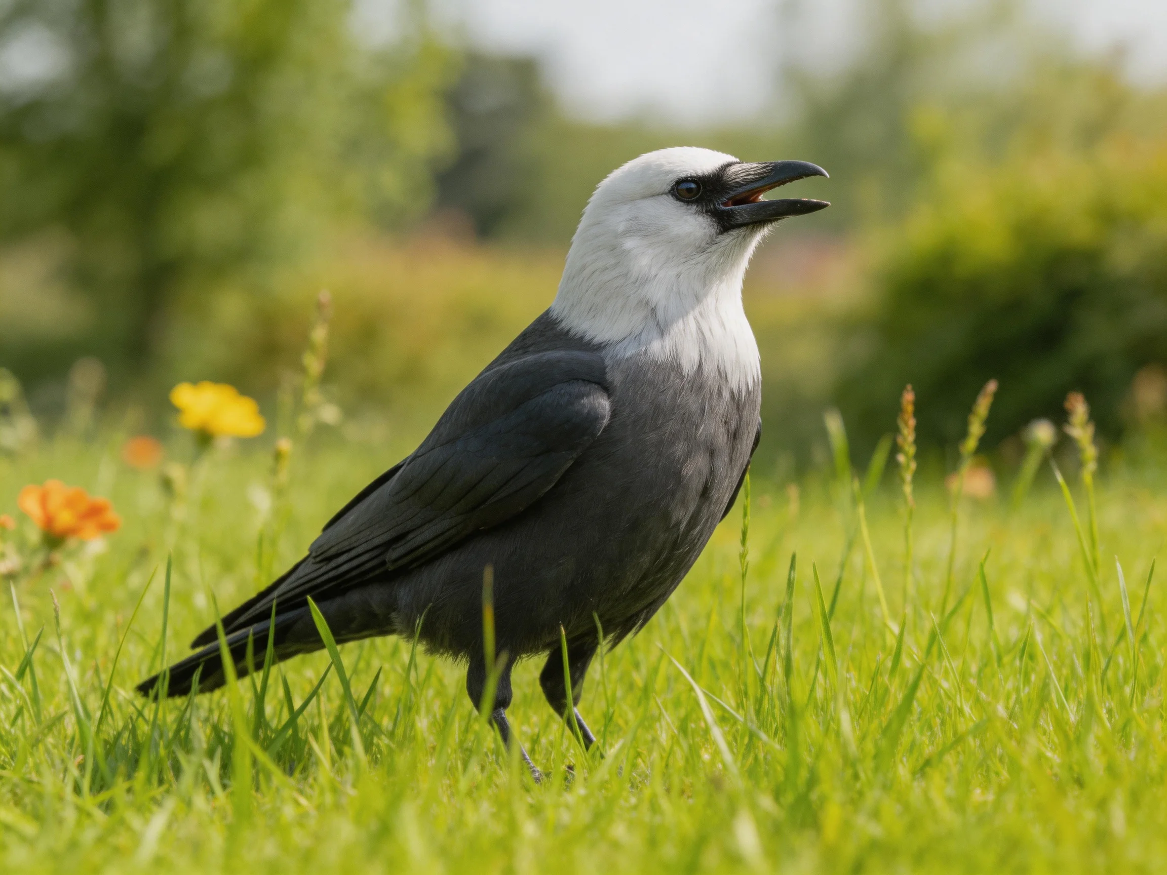 Gray and white crow in green grass with wildflowers