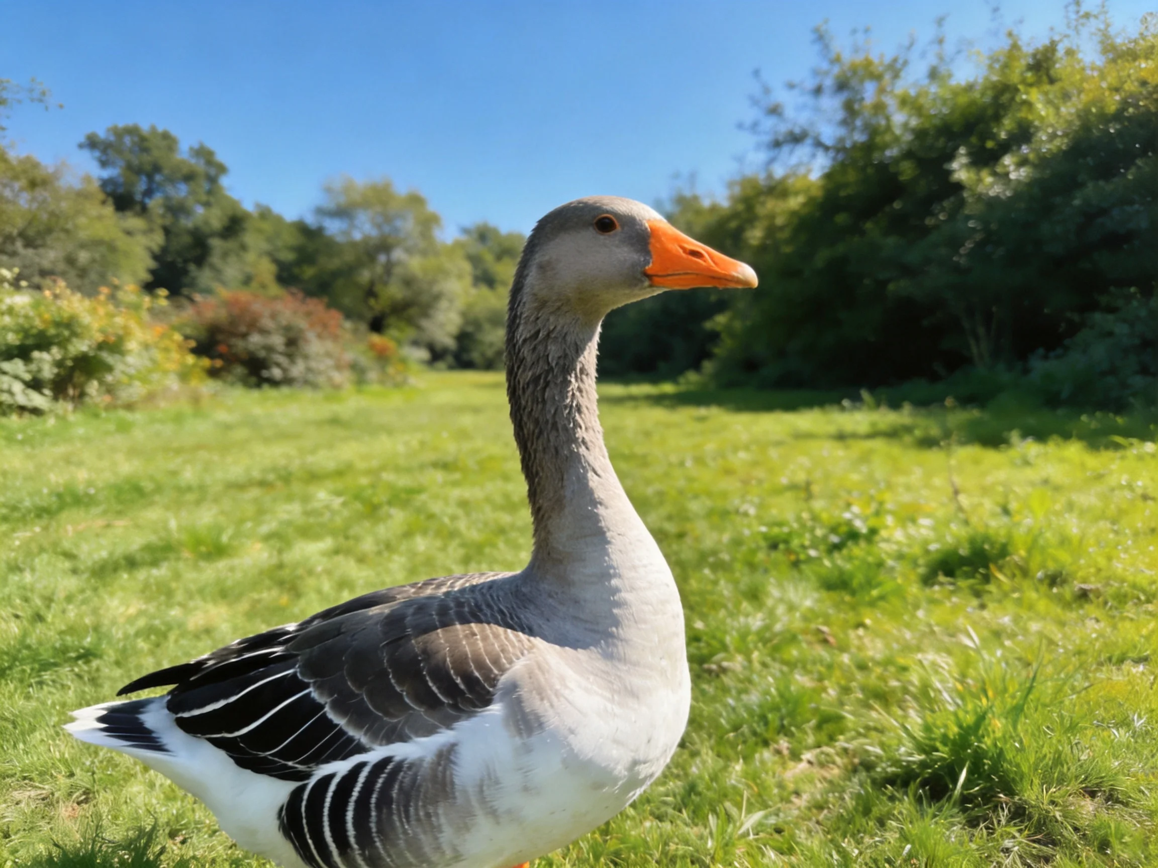 Gray and white goose with orange beak in sunny meadow