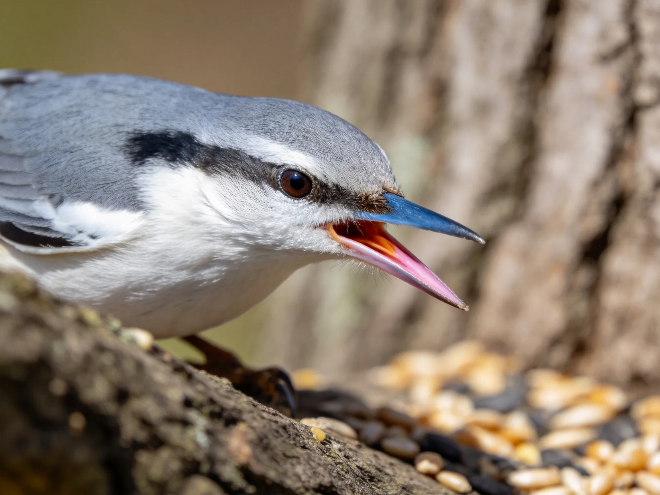 Gray and white nuthatch with blue beak near tree seeds