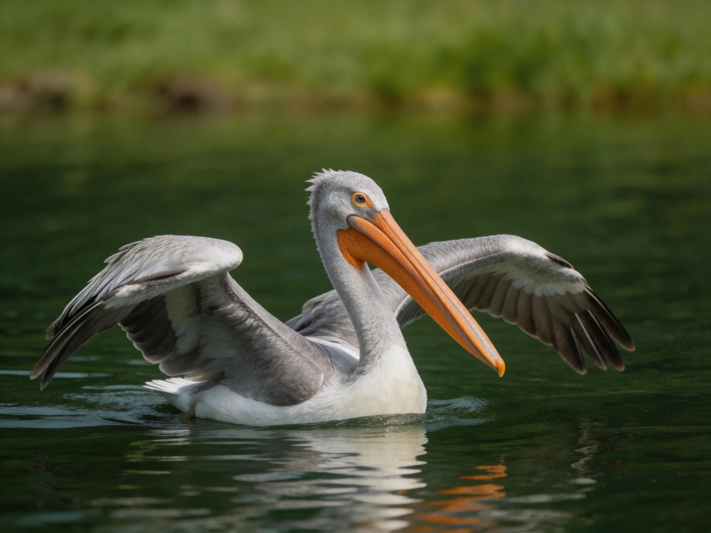 Gray and white pelican with orange beak gliding on calm water