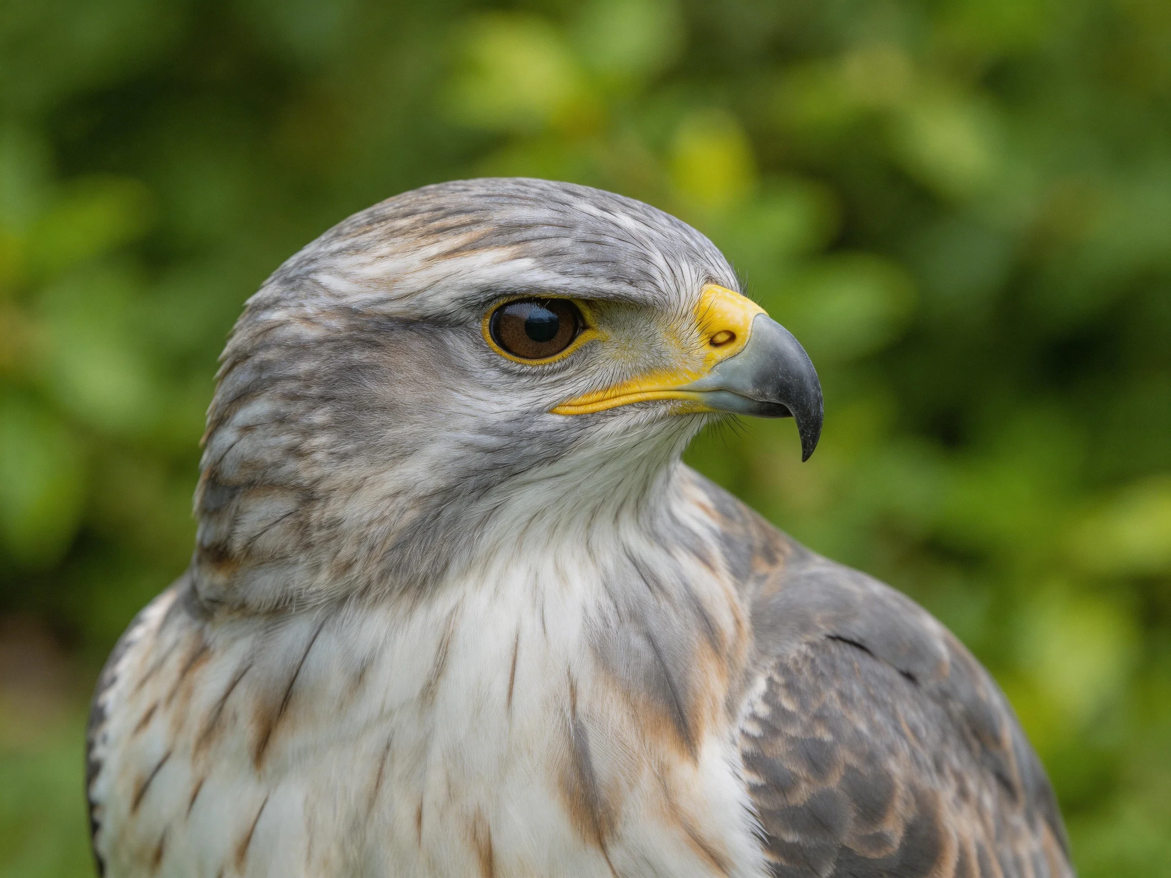 Gray and white raptor with yellow beak close - up