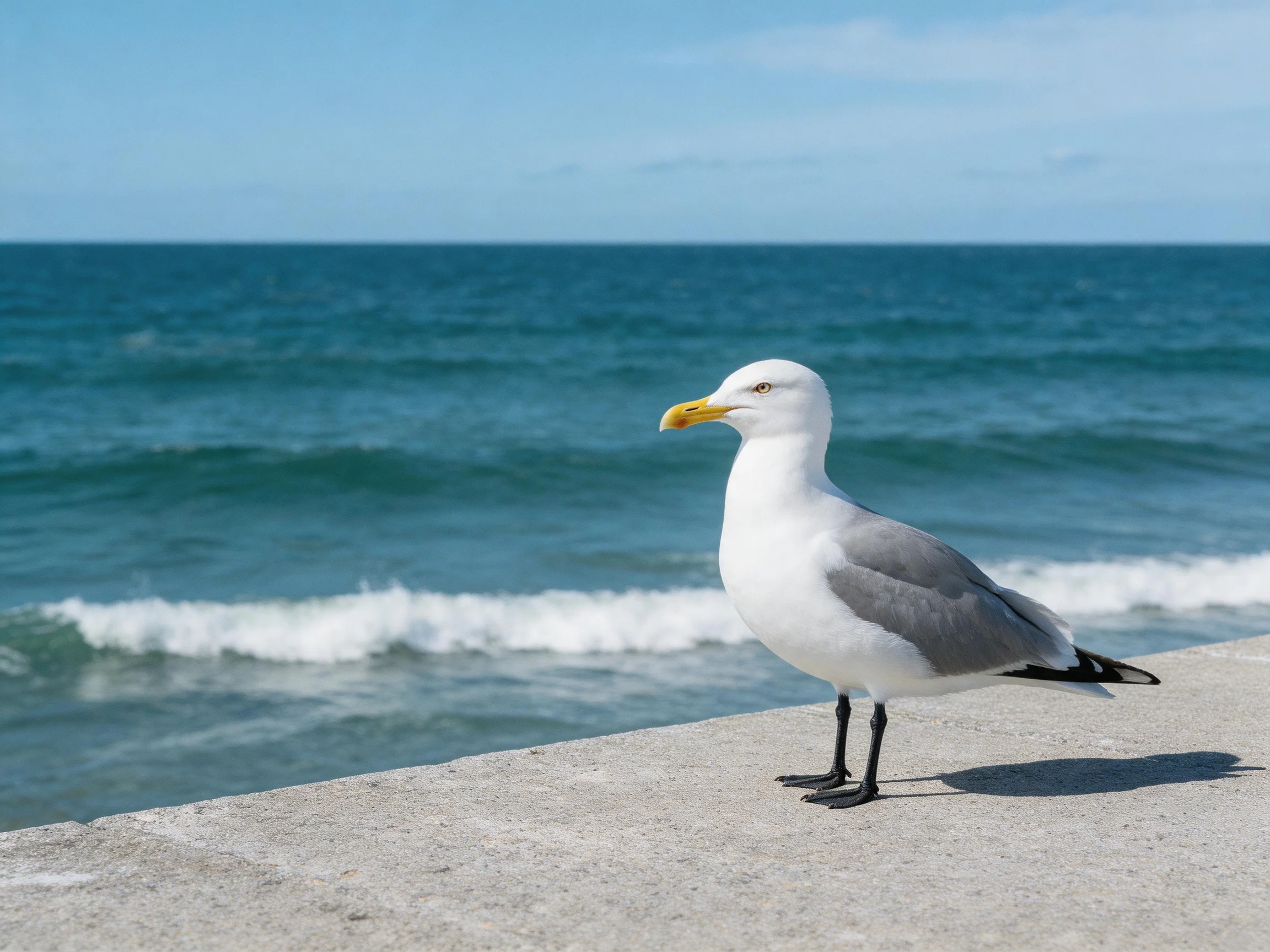 Gray and white seagull on concrete by blue ocean