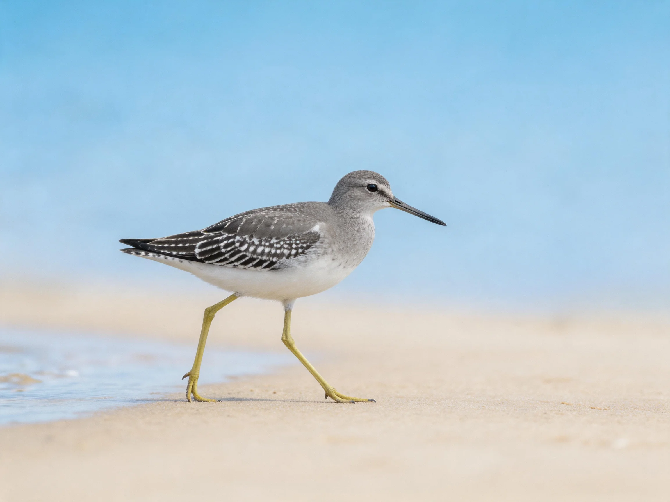 Gray and white shorebird with yellow legs on sandy beach