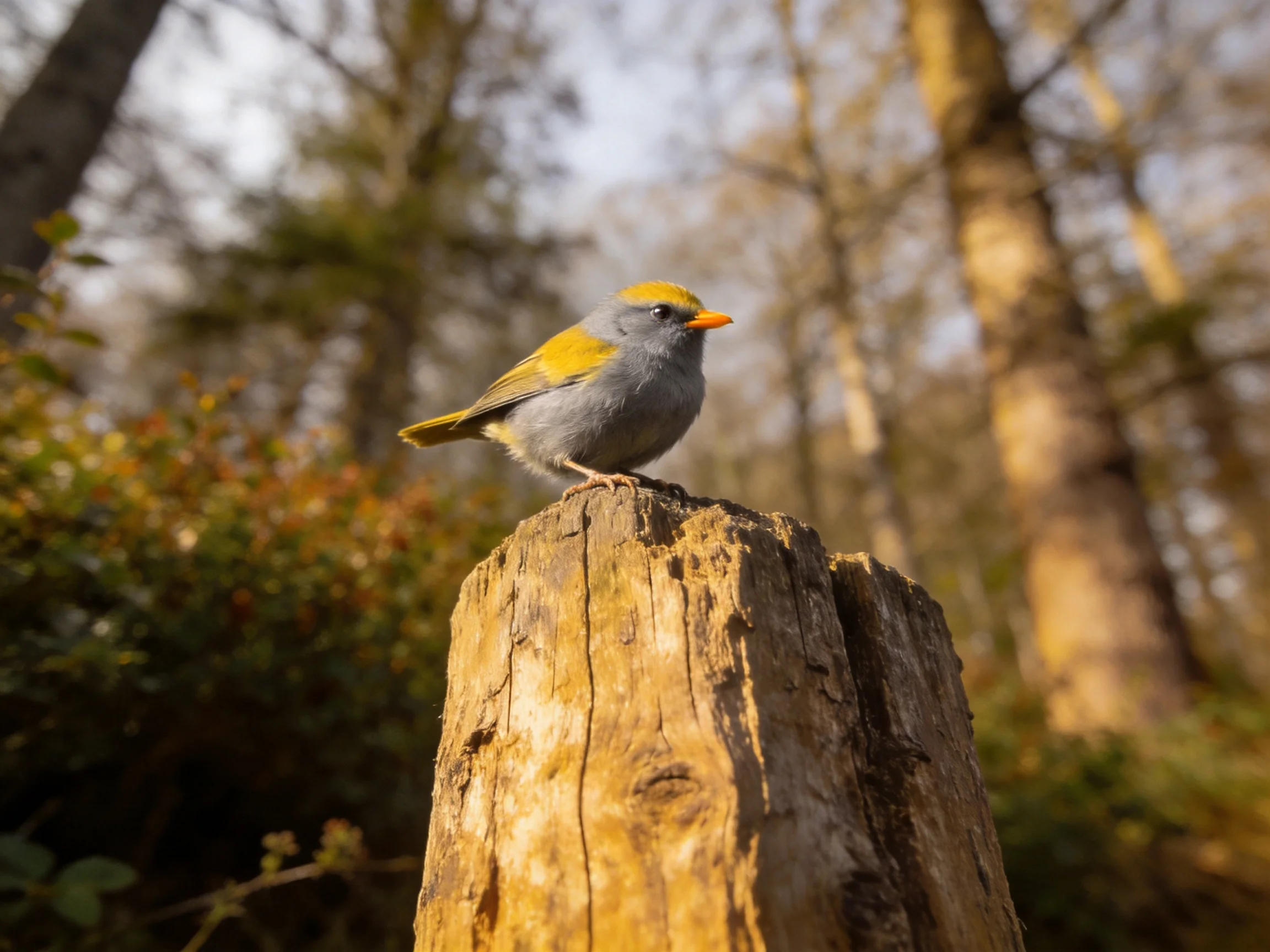 Gray and yellow bird perched on aged tree stump in forest