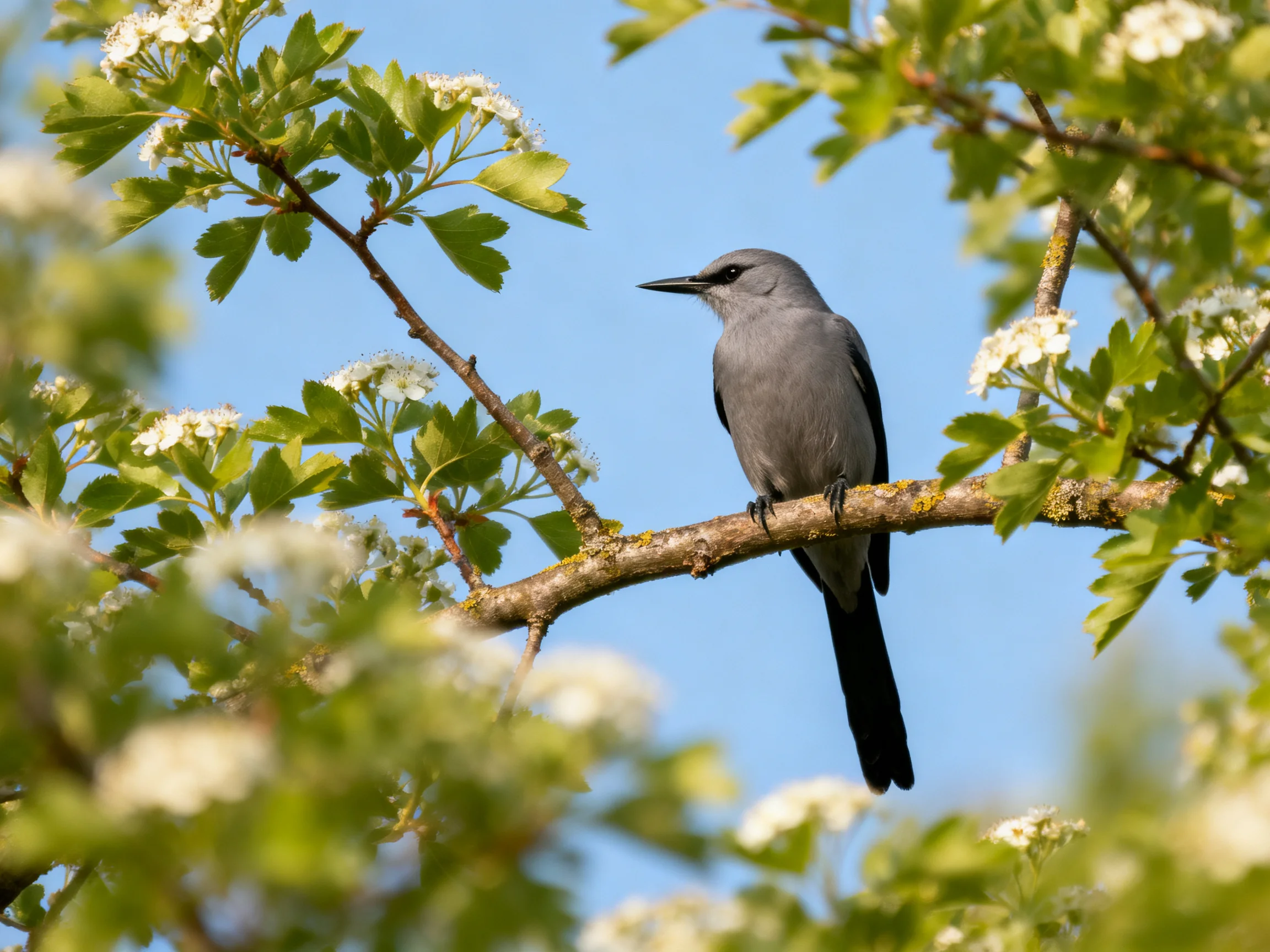 A gray bird sits on a flowering tree branch beneath a bright blue sky.
