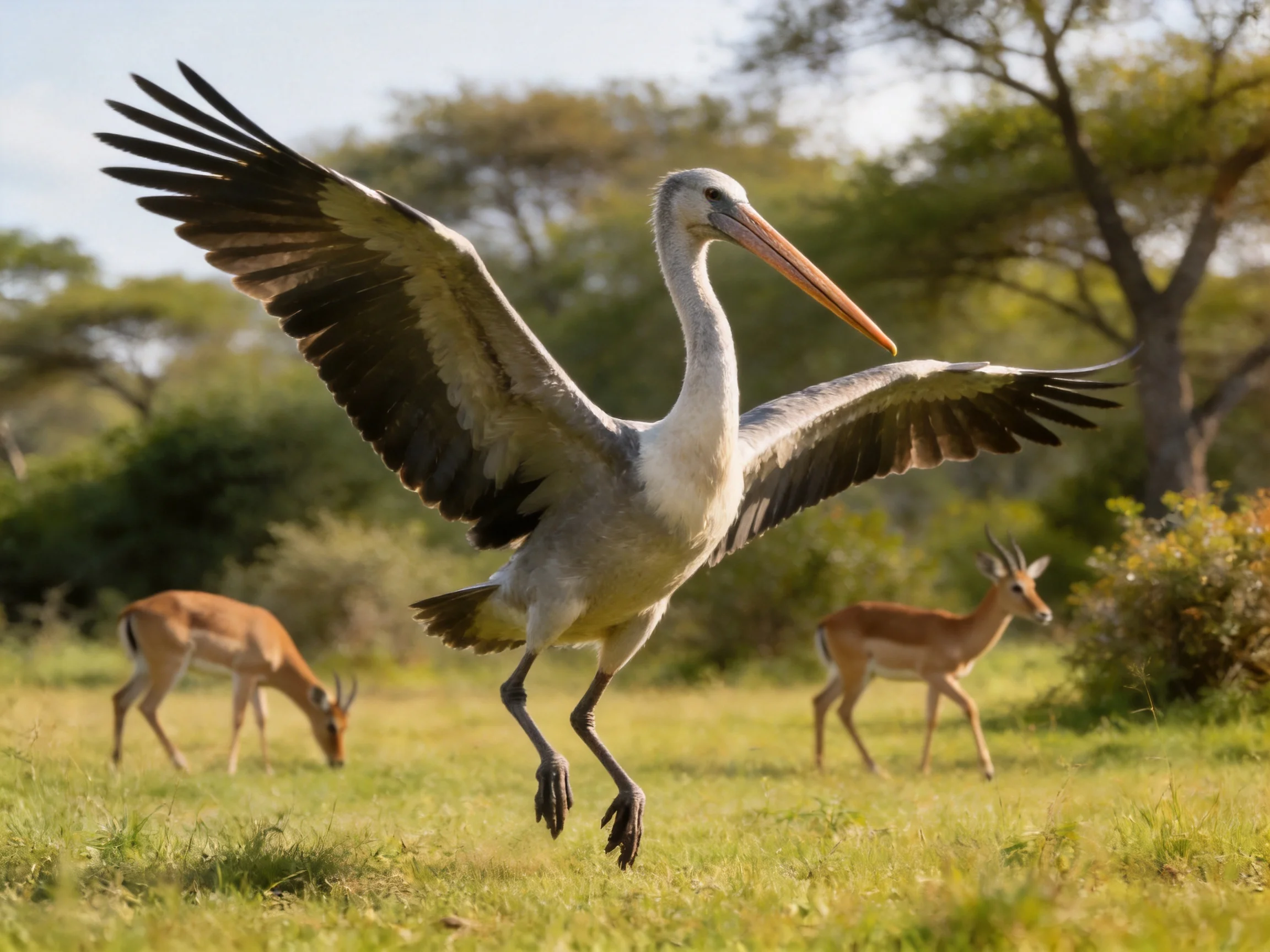 Gray bird spreads wings over savannah with two antelopes