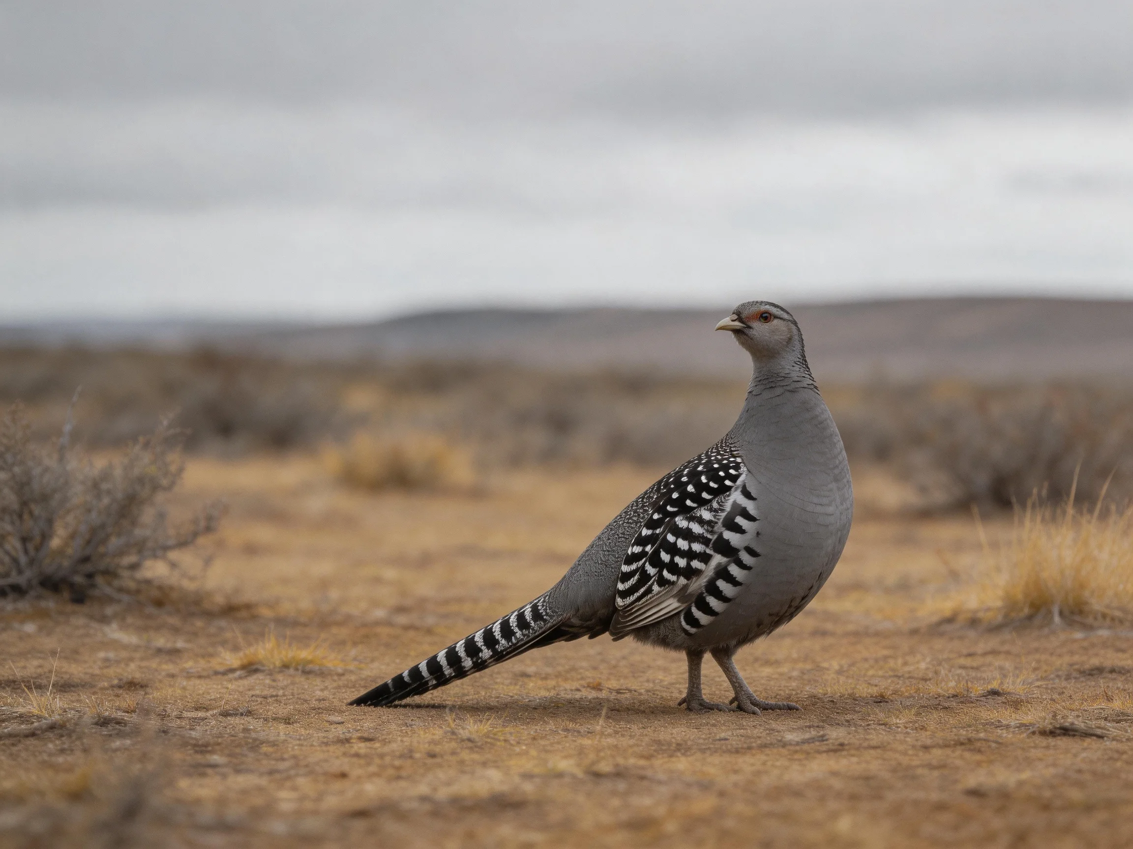 A gray bird with distinctive black-and-white wing markings stands in an open, dry terrain.