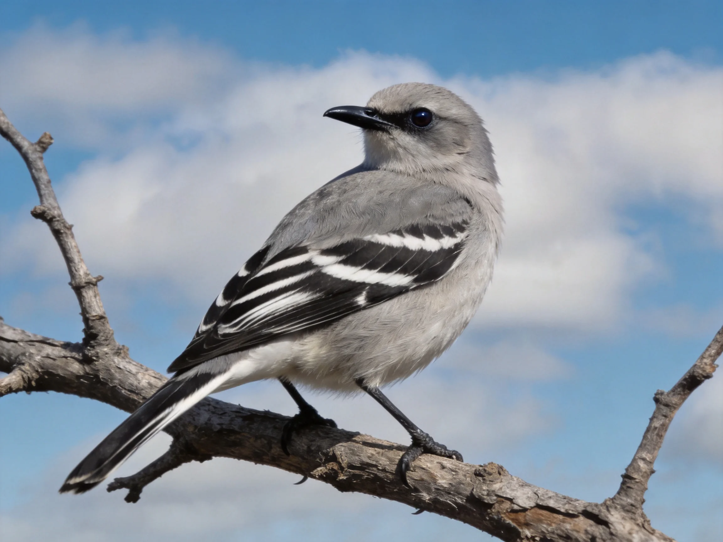 Gray bird with black and white wing stripes perched on a bare tree branch
