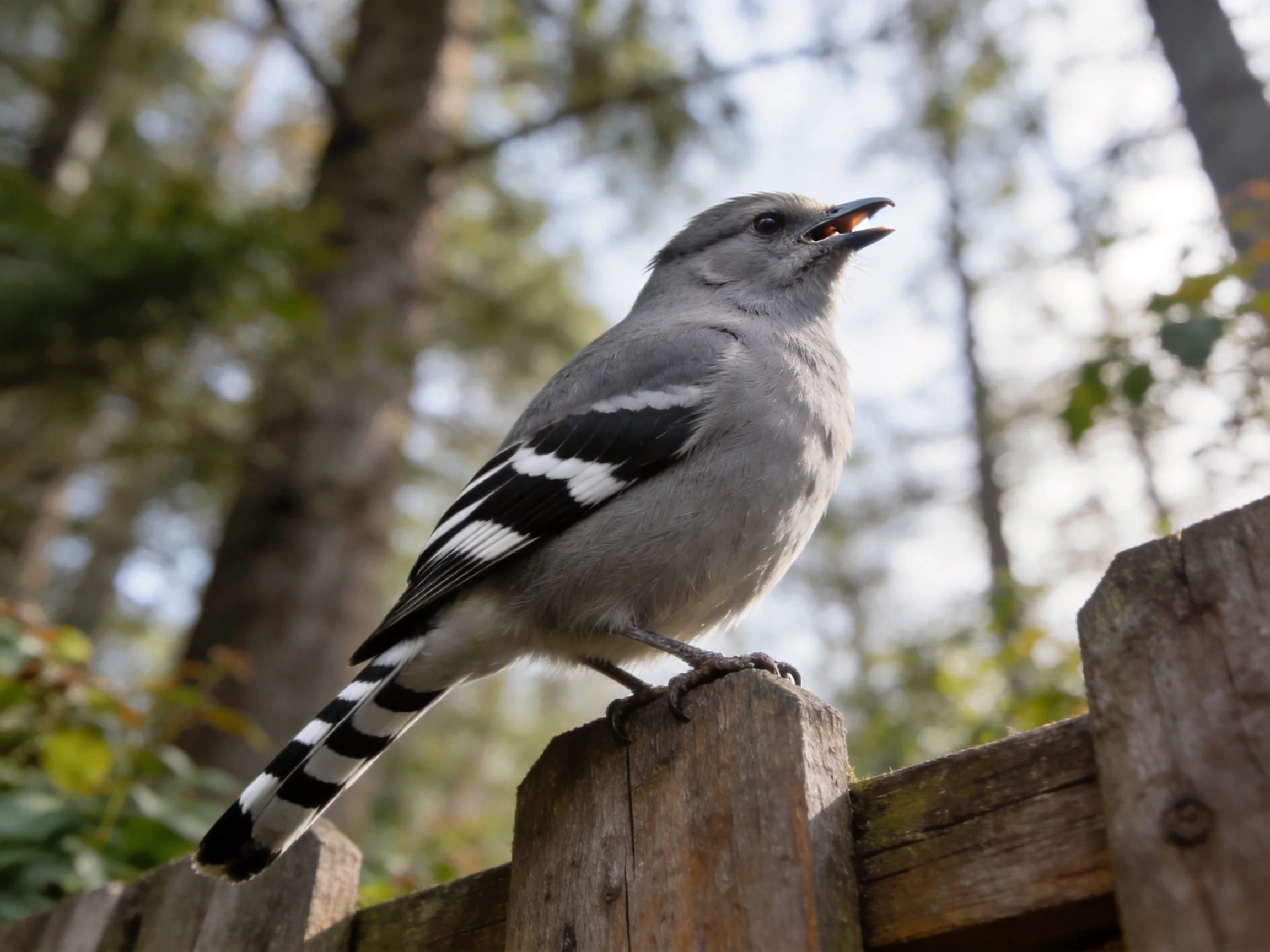 Gray bird with black-and-white wings on wooden fence